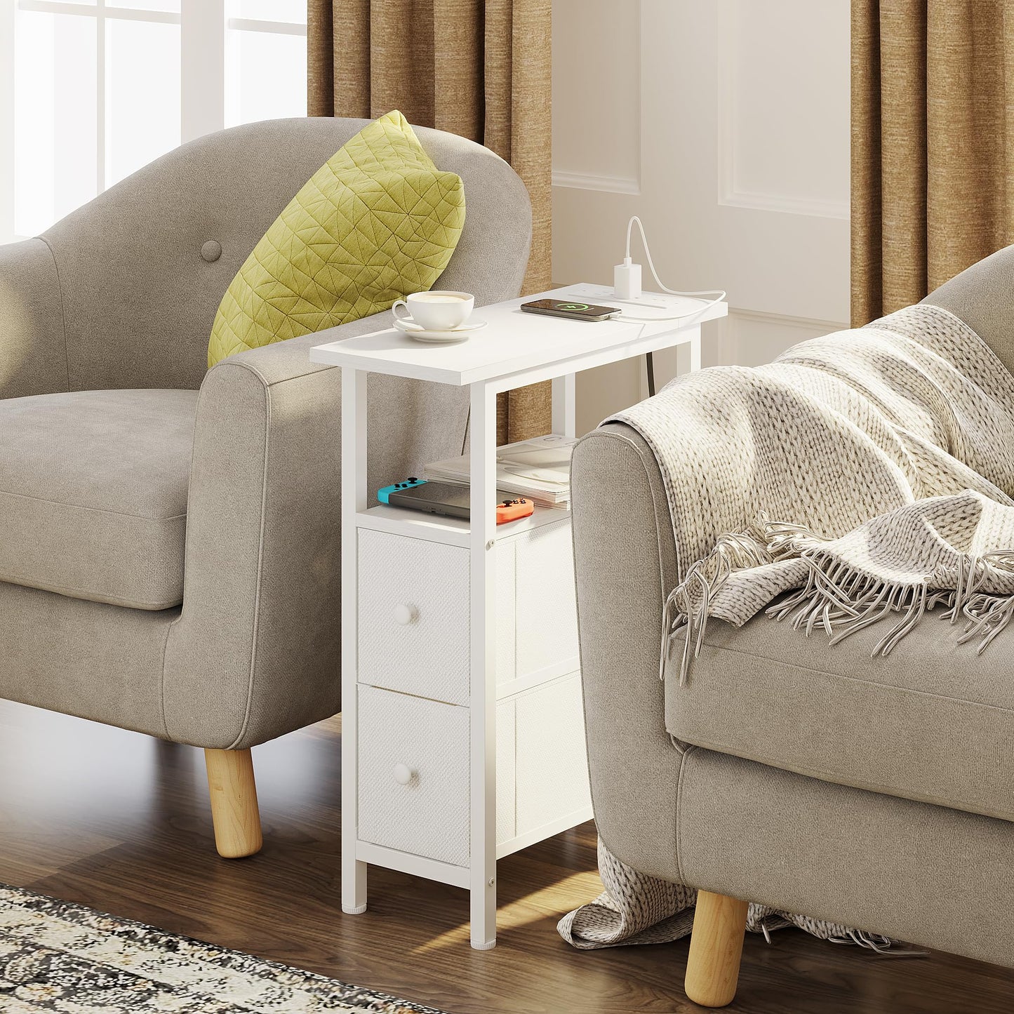 TRIFEBLE End Table with Charging Station, Narrow Side Table with 2 Fabric Drawers, Skinny Nightstand with LED Light, Slim Bedside Table for Bedroom, Living Room, Small Spaces, White