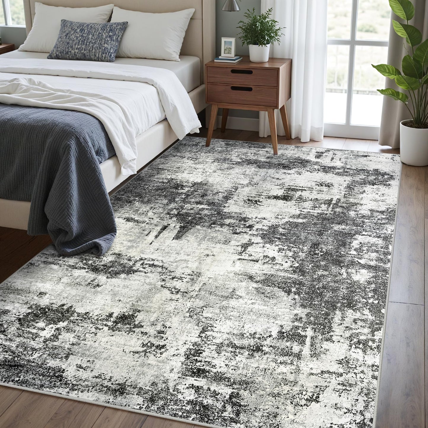 Area Rug Living Room Rugs: 5x7 Washable Rug with Anti-Slip Backing Non-Shedding Stain-Resistant Foldable Modern Abstract Carpet for Bedroom Dining Room Nursery Home Office - Black