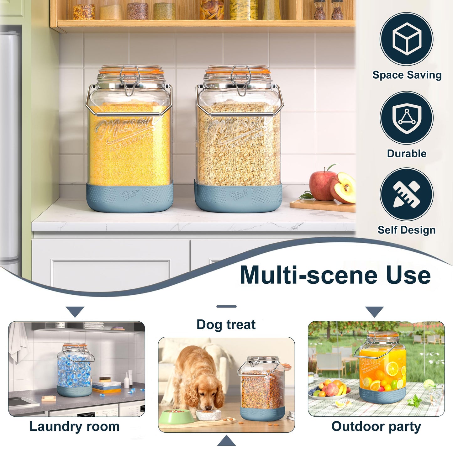 Dwbligt 2 Pack 1.5 Gallon Glass Jar With Airtight Lid, Square Large Mason Jars Wide Mouth with Scale Marks and Stainless Steel Handle-192 Oz Non-slip Glass Storage Containers for Flour Sugar Cookie