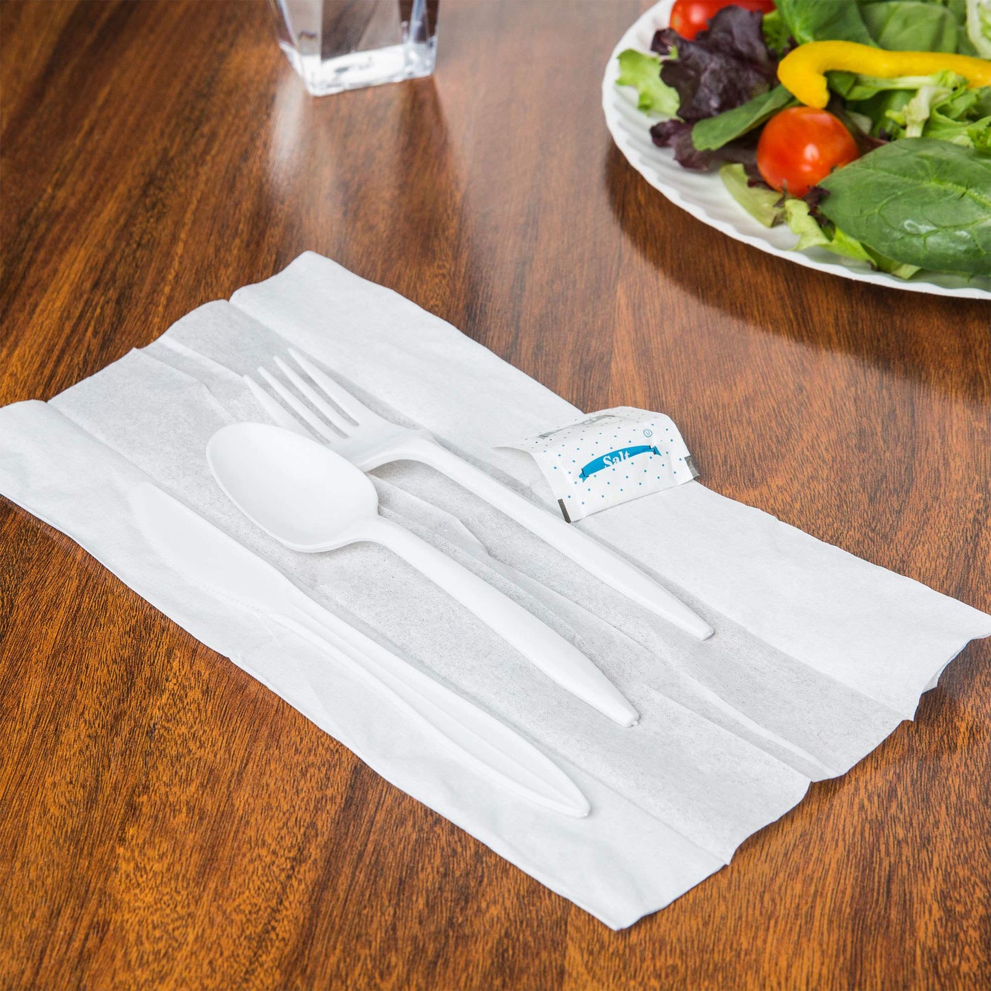 KitchenDine 100 Pack Medium Weight Wrapped white Plastic Cutlery Pack with Napkin and Salt/Pepper Packets (White)
