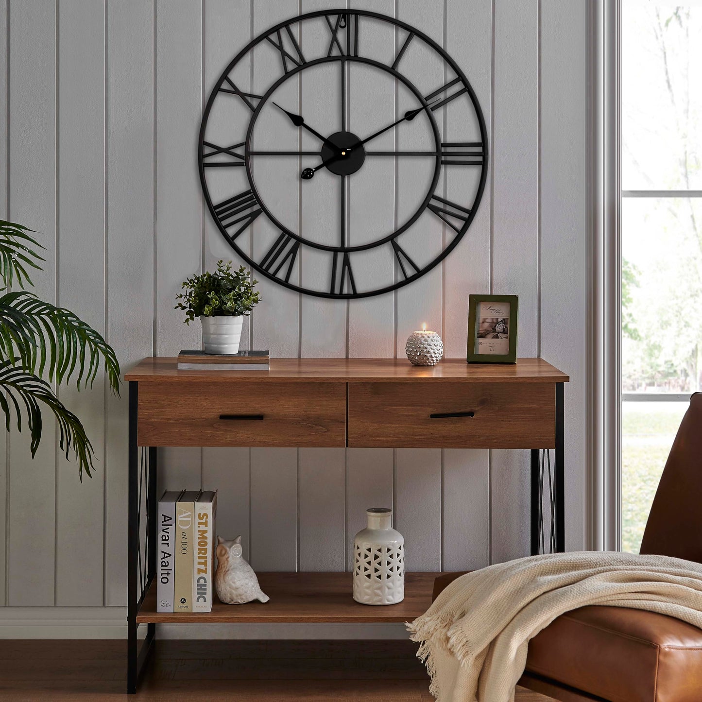 CLXEAST Silent 24 Inch Wall Clocks for Living Room Decor, Large Black Metal Roman Numeral Wall Clocks for Modern Farmhouse Home Decor,House Warming Gifts New Home