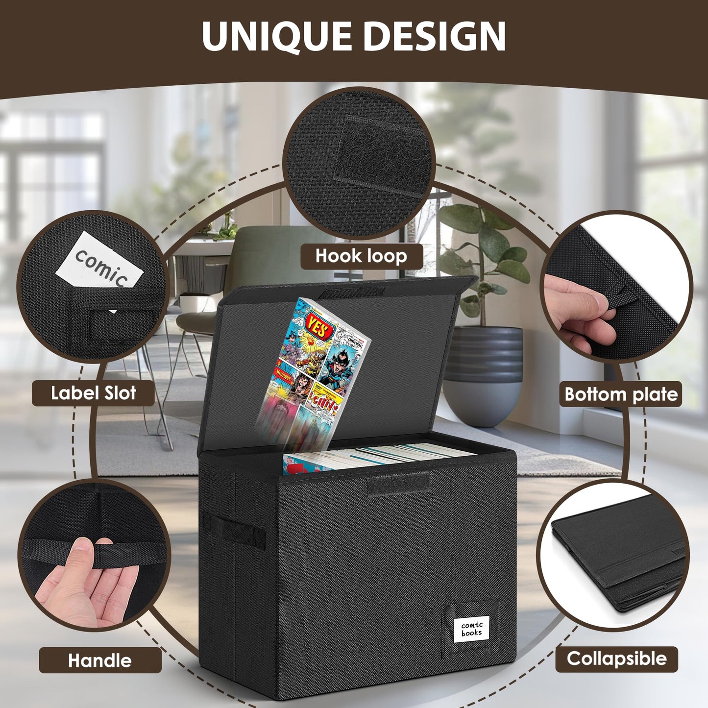 Leffis 3 Pack Comic Book Storage, Comic Book Box Collapsible and Stackable Comic Short Box with Lid and Label Slot 15.5" X 7.5" X 11.3" Holds 150 Comics (Black)
