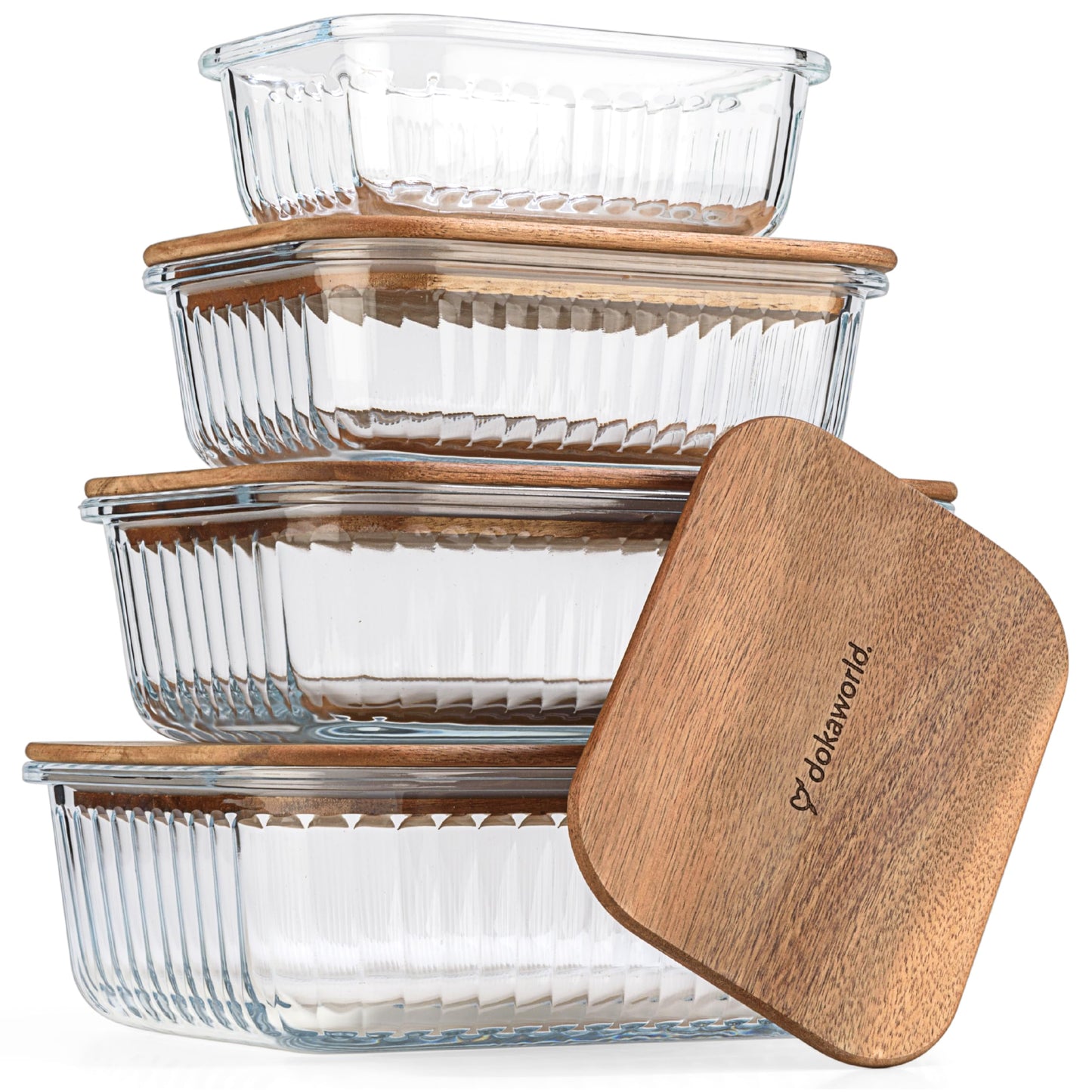 dokaworld Set of 4 Stackable Space-Saving Nesting Glass Bowls with Airtight Acacia Lids for Lunch, Meal & Food Prep - Microwave & Oven-ready BPA Free Durable Heat Resistant Inert Borosilicate Glass