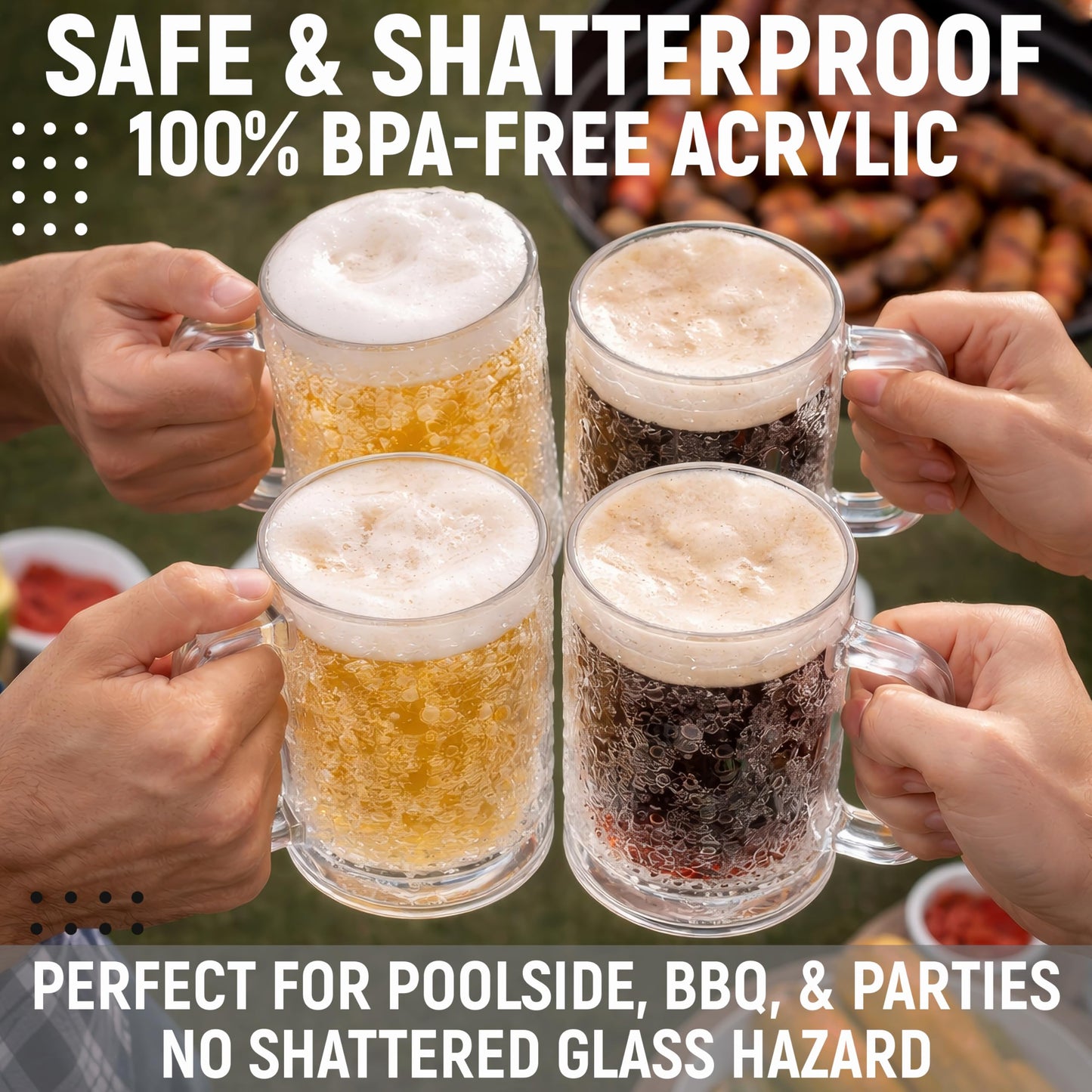 Granatan Freezer Beer Mugs Set of 4, 16 oz Double Wall Gel Mugs for Freezer, Acrylic Plastic Beer Stein with Handle, Ice Cold Glasses for Men, BBQ, & Pool Parties (Clear)