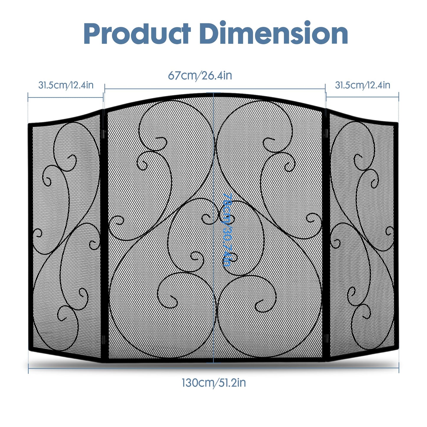 DUMOS 3 Panel Fireplace Screen with Hinged Doors, 51.2"(L) x 30.7"(H) Spark Guard Cover, Wrought Iron Metal Safety Gate for Fireplace and Living Room, Black