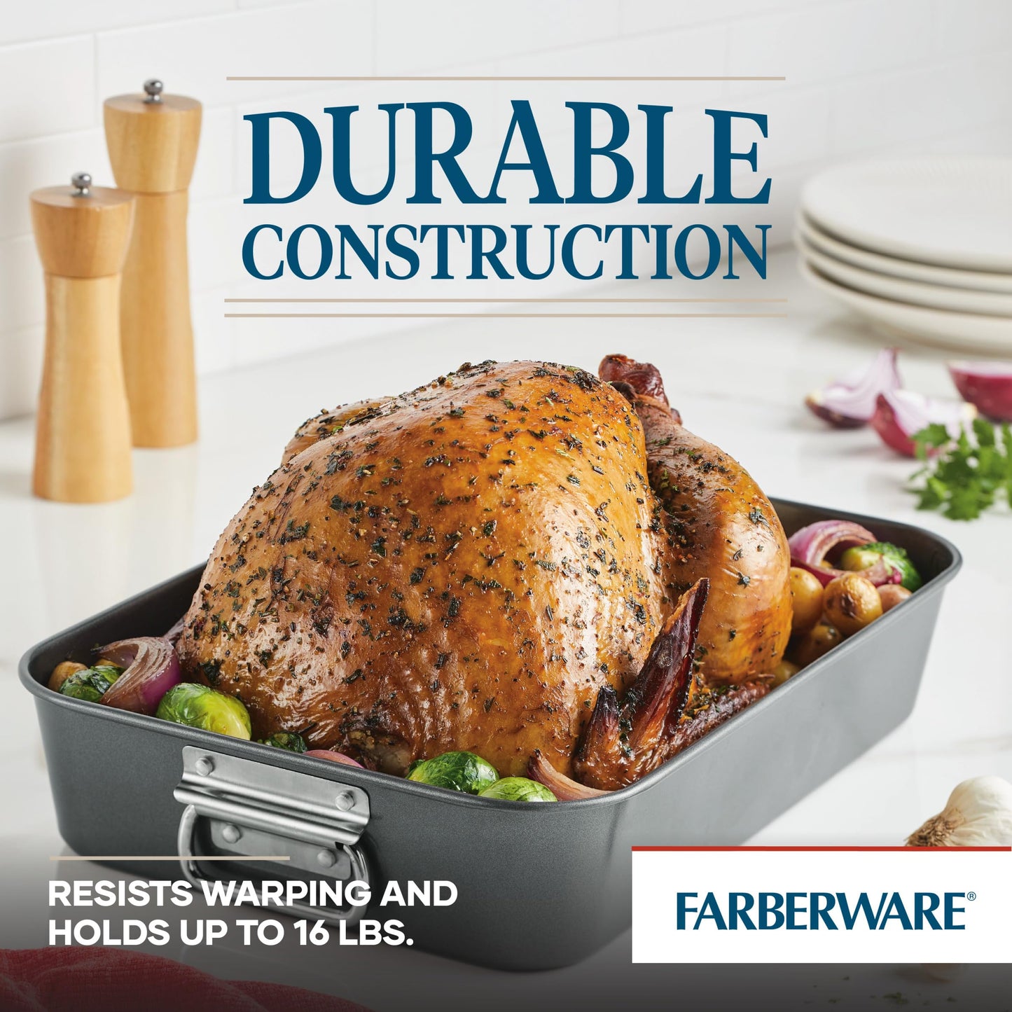 Farberware Bakeware Nonstick Roaster with Flat Rack, Roasting Pan with Rack For Home Cooking, 11-Inch x 15-Inch, Gray