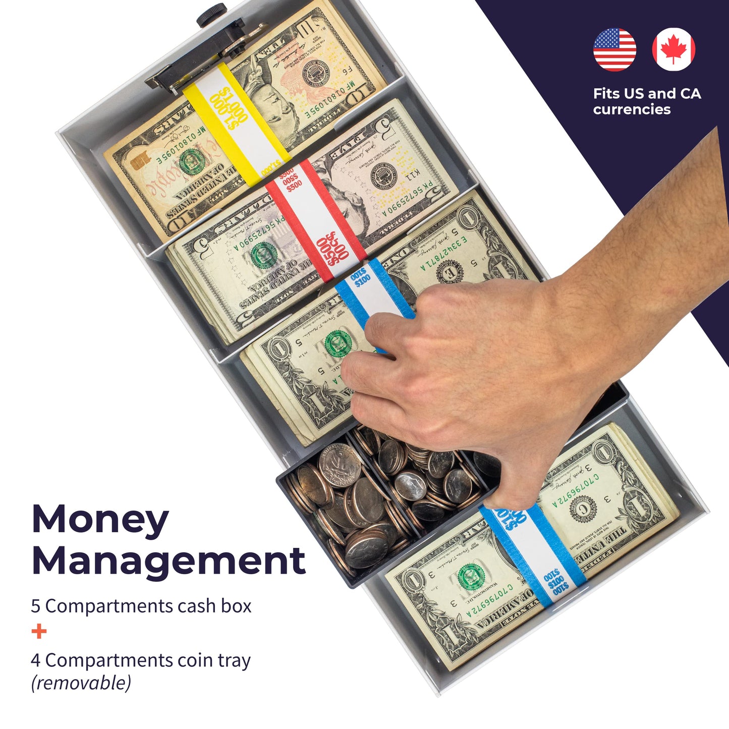 Volcora Cash Box Money Organizer - 15” x 7.5” x 4” Cashbox 5 Compartments Drawer Tray - Bills and Coin Slot with Combination Lock for POS Register, Kiosk, Retail, Personal and Business Use, White