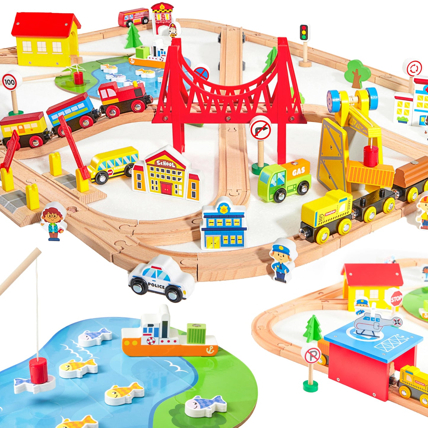 110PCS Wooden Train Set - Urban Journey, City Scene Railway Set with Magnetic Trains, Cars, Helicopter & Ship, Perfect Christmas Birthday Toy Gift for Kids Toddlers Boys Girls Ages 3-8