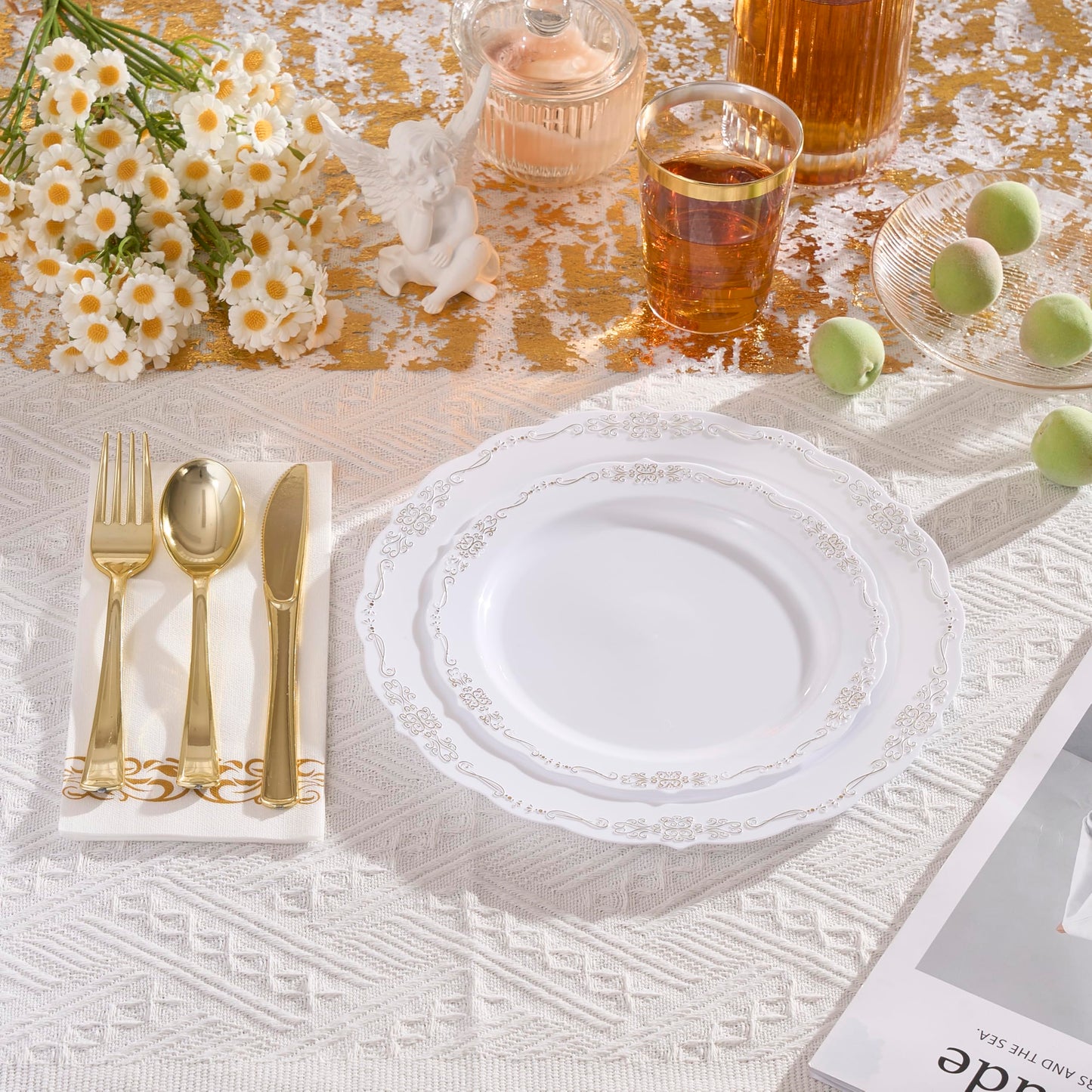 Fijinhom 350 PCS White and Gold Disposable Plates, Elegant Dinnerware Set for 50 Guests, 100 Plastic Plates, 150 Silverware, 50 Cups & 50 Paper Napkins, White and Gold