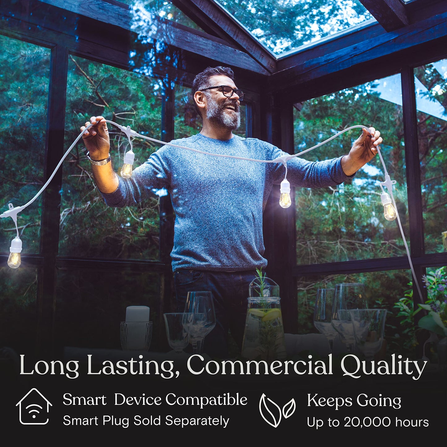 Brightech Ambience Pro Waterproof LED Outdoor String Lights, 48 Ft, Hanging, Dimmable Vintage Edison Bulbs, 15 Bulbs, 2W