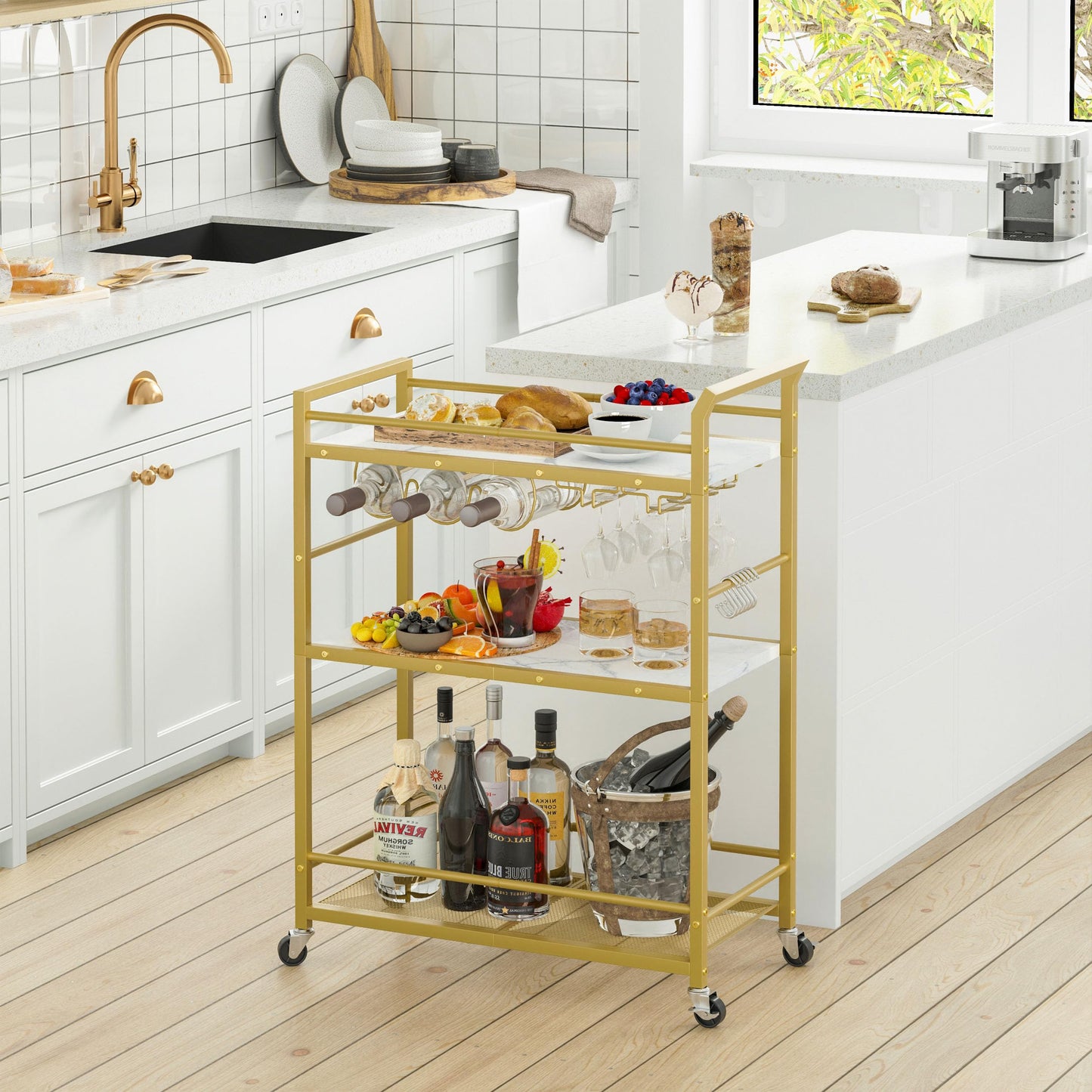 YAUKTAK 3 Tier Bar Cart, Small Beverage Cart, Mini Bar Cart with Wine Rack, Compact Mini Bar Cart - Please Refer to the Exact Dimensions for Usage Matching Dimensions: 22" W × 13" D × 35.8" H GBC507G