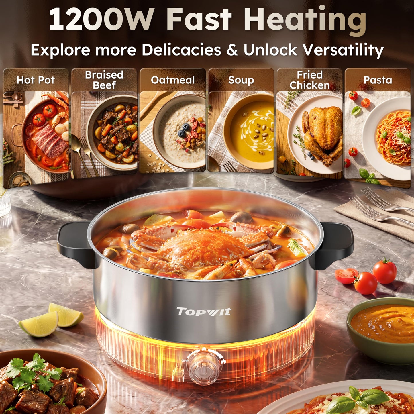 TOPWIT 4.5L Hot Pot Electric, Stainless Steel Electric Pot with Dual Power Setting, 1200W Fast Heating Electric Hot Pot for Cooking Hotpot, Soup, Pasta, Perfect for Family Dinner & Party, Black