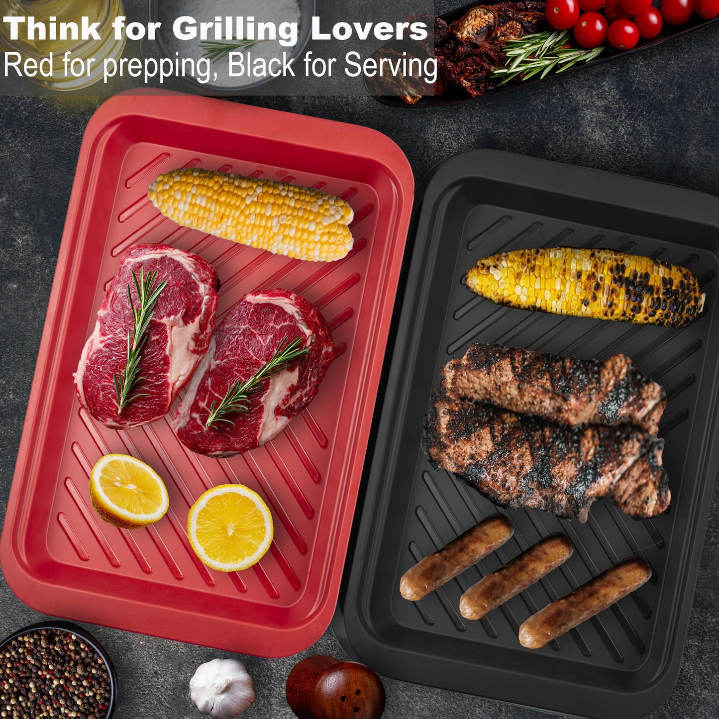 Czlizdyt Deep Grilling Prep and Serve Trays with lid, BBQ Tray for Marinating Raw and Cooked Food, Diswasher Safe Nesting Trays Black in Red
