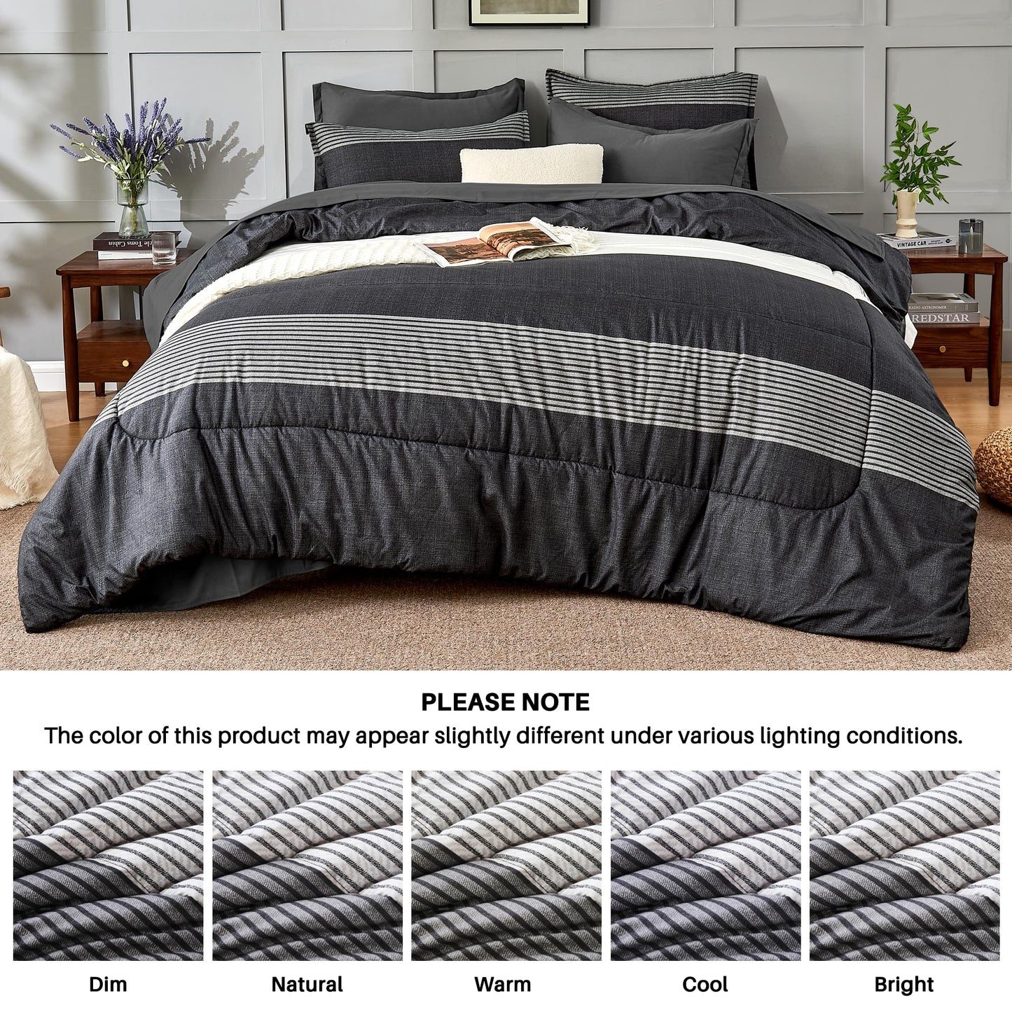 Andency Queen Comforter Set 7 Pieces Bed in a Bag - Black White Grey Striped Lightweight Soft All Season Queen Size Bedding Set with Comforter, Fitted & Flat Sheet, Pillowcases & Shams