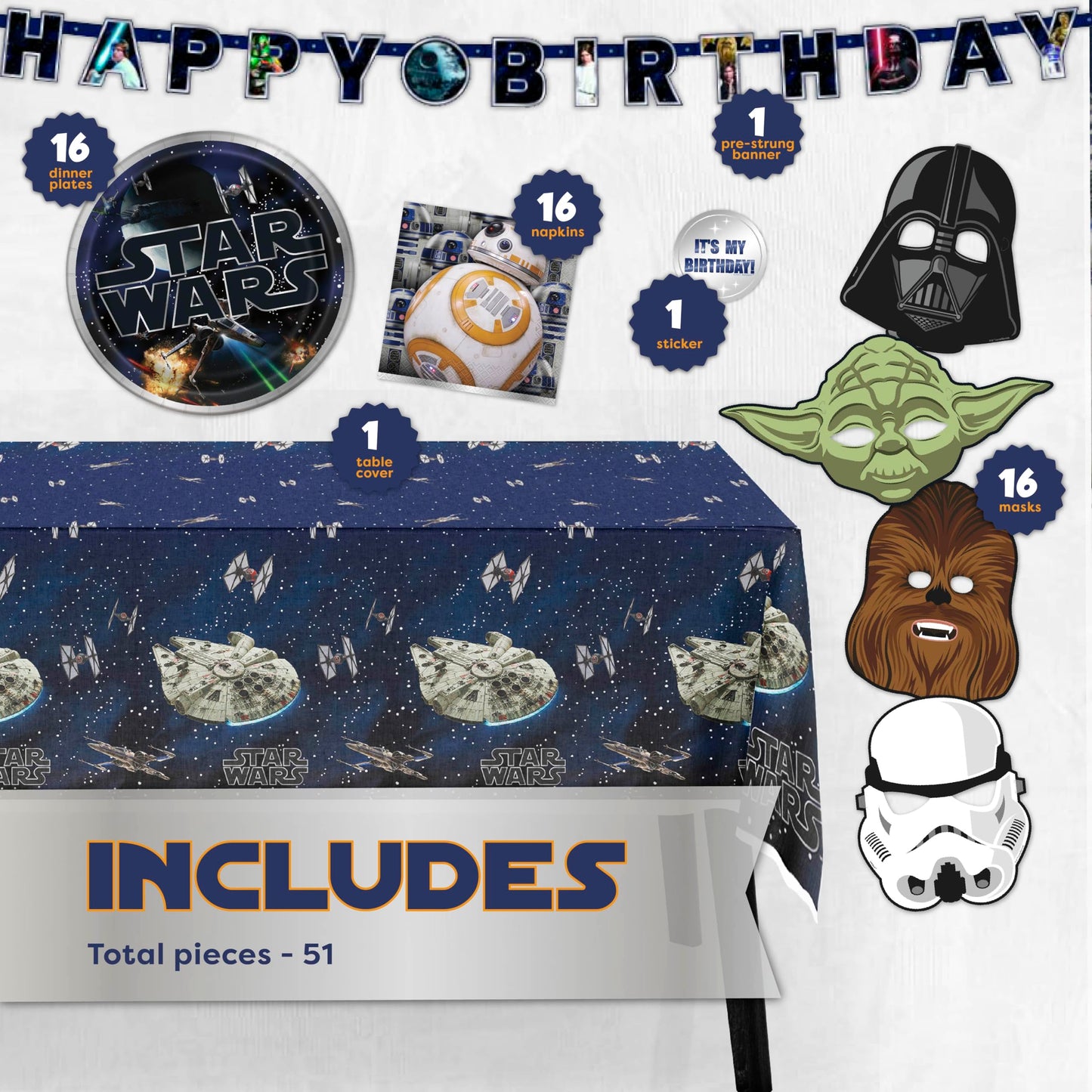 Star Wars Birthday Decorations Set | With 16 Plates, 16 Napkins, 16 Masks, Banner, Tablecover, Birthday Sticker | Officially Licensed