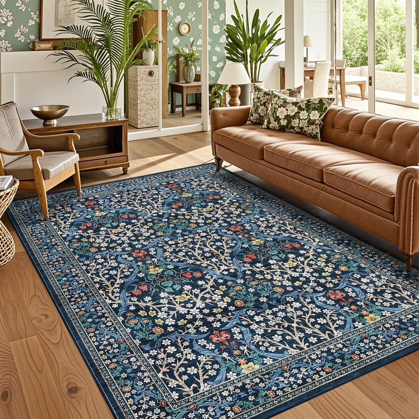 GarveeHome Floral Area Rugs 5x7, Dark Blue Washable Rug for Living Room, Bedroom, Low Pile Non Slip Stain Resistance Indoor Boho Carpet Mat for Farmhouse, Dining Room, Office