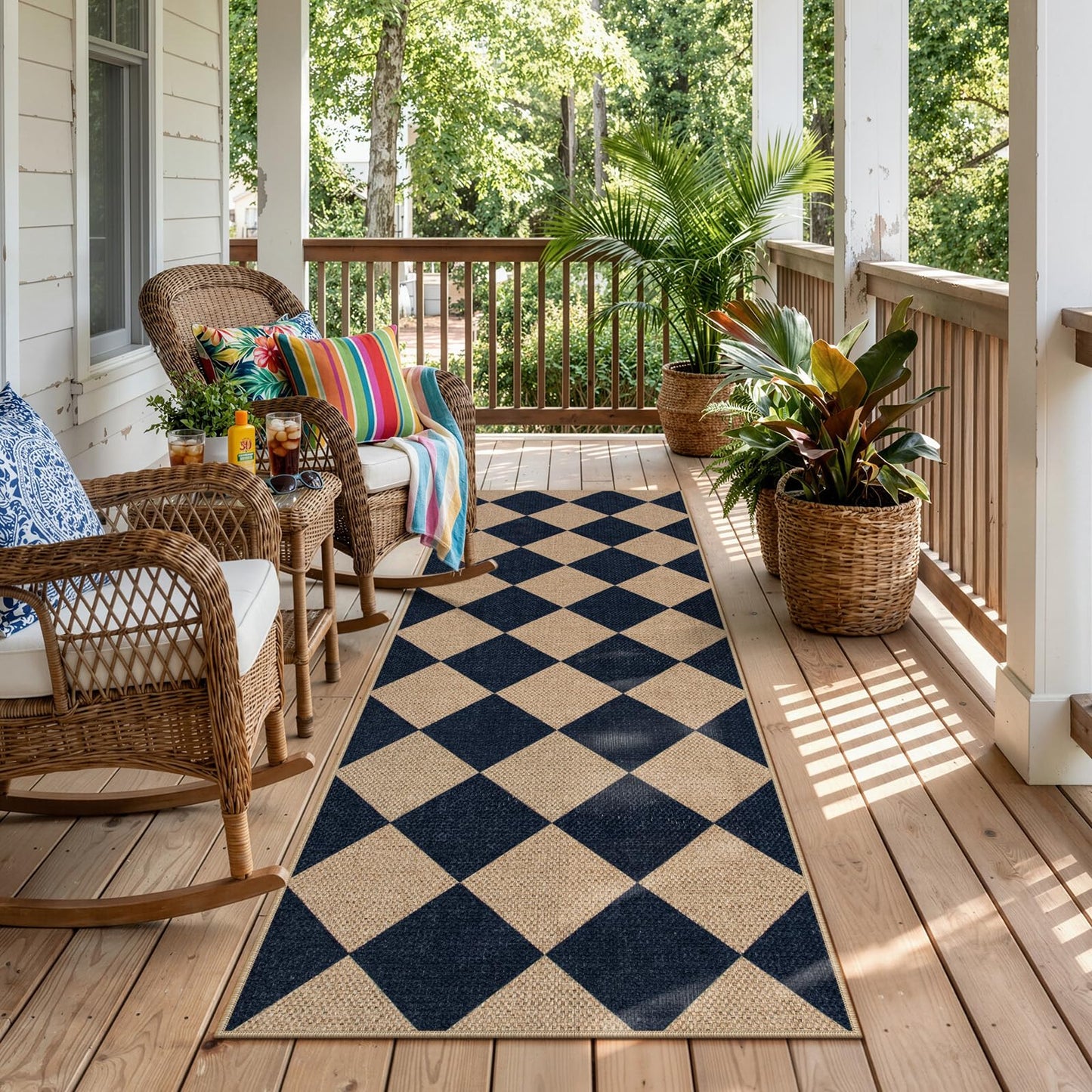 Lahome Colette Checkered Easy Jute Runner, 2x6 Kitchen Runner Rug Non Slip Washable Outdoor Rug for Entryway Indoor, Checkerboard Black Indoor Outdoor Carpet for Hallway 6ft Entry Front Door
