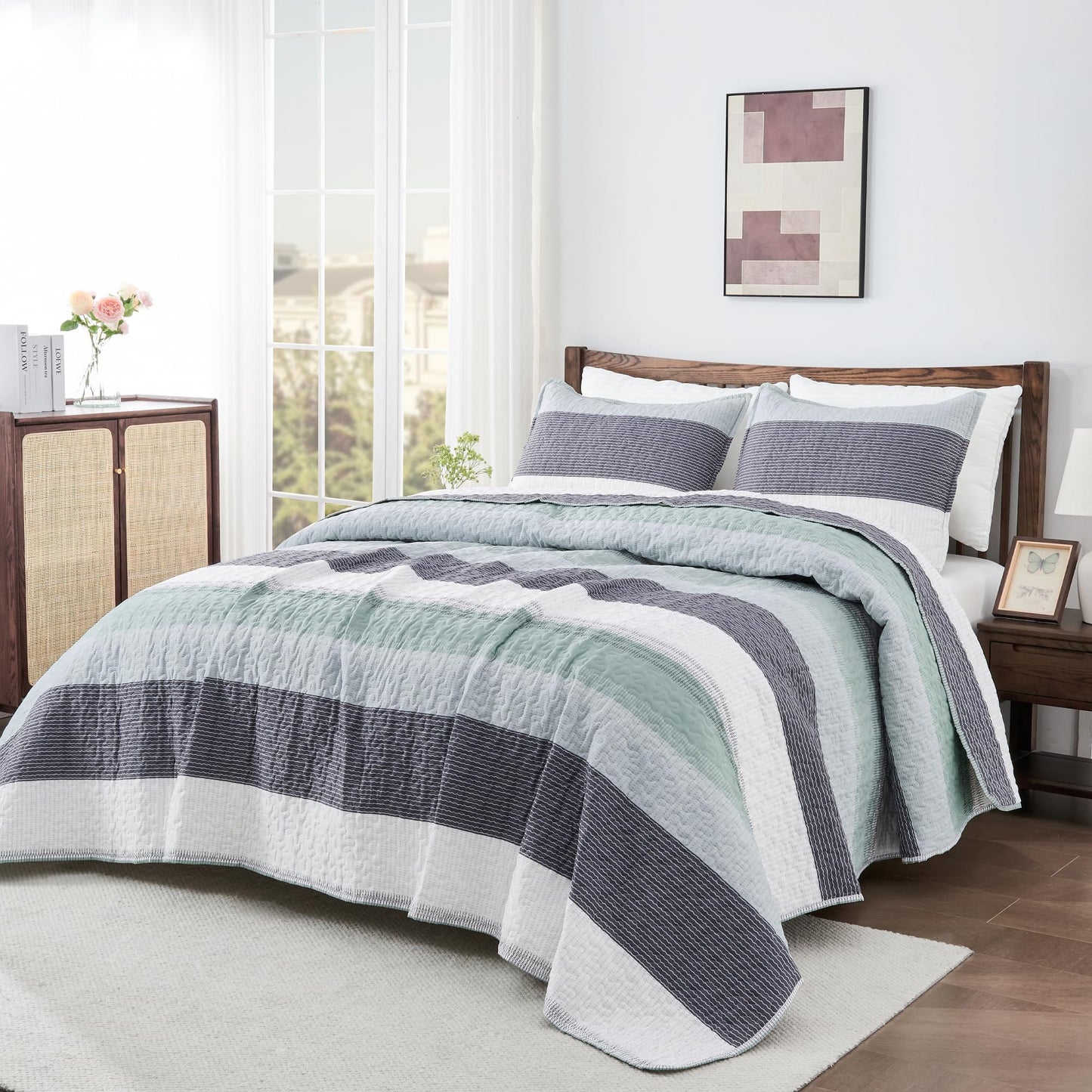 Andency Queen Quilt Bedding Set Sage Green, 3 Pieces Patchwork Mint Green Striped Ultra Soft Lightweight Bedspreads, Coverlets Set with 2 Pillow Shams for All Seasons (90"x96")