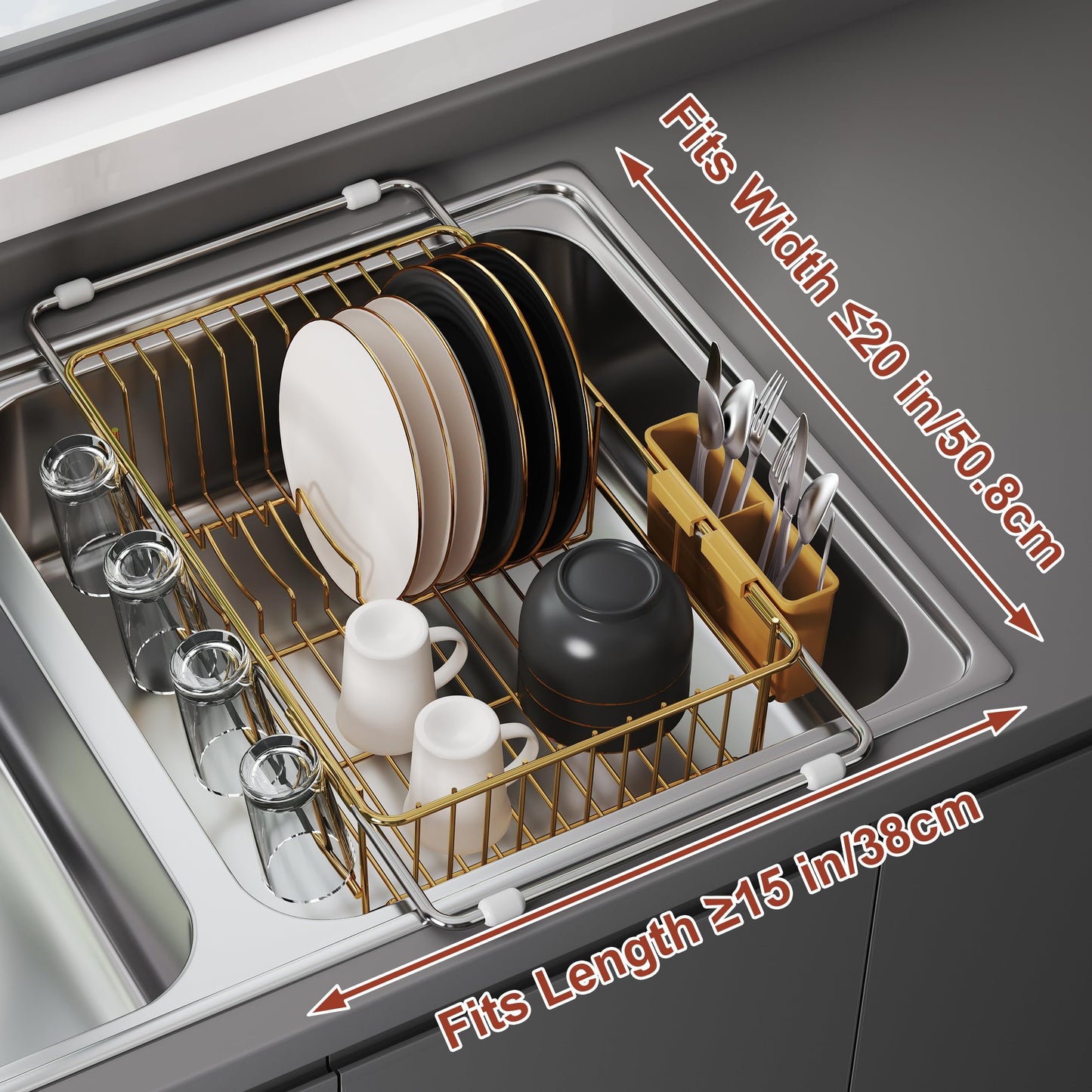 JASIWAY Gold in Sink Dish Drying Rack, Expandable Stainless Steel Small Dish Rack Over Kitchen Sink, Plate Drainer Strainer with Utensil Holder & Cup Holders, Counter Space Saving Wire Dryer Rack