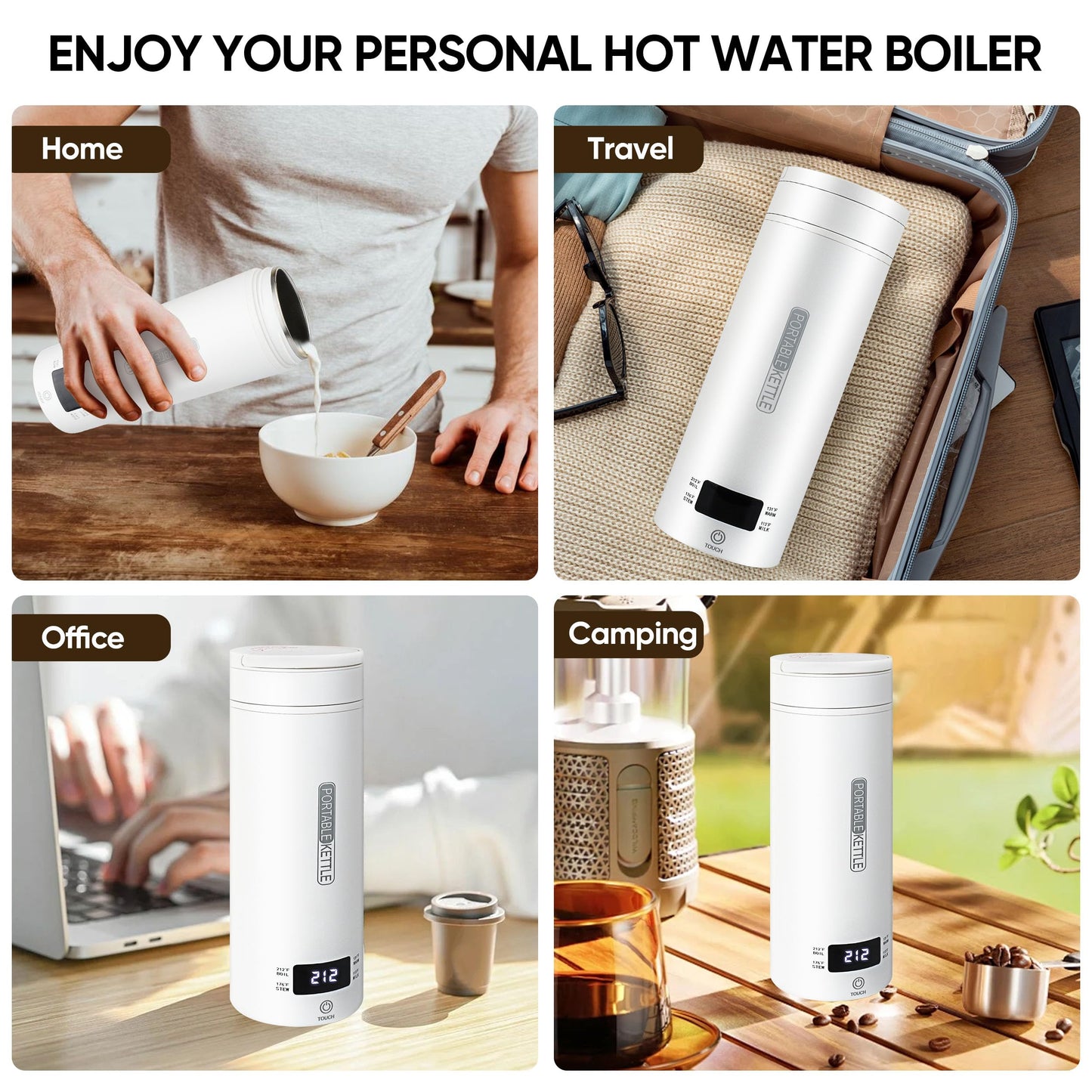 Portable Electric Kettle, Travel Tea Kettle, Small Hot Water Boiler Coffee Heater 450ML, 316 Stainless Steel, 4 Temperature Settings with Fast Boiling Water Auto Shut-off Boil Dry Protection (White)