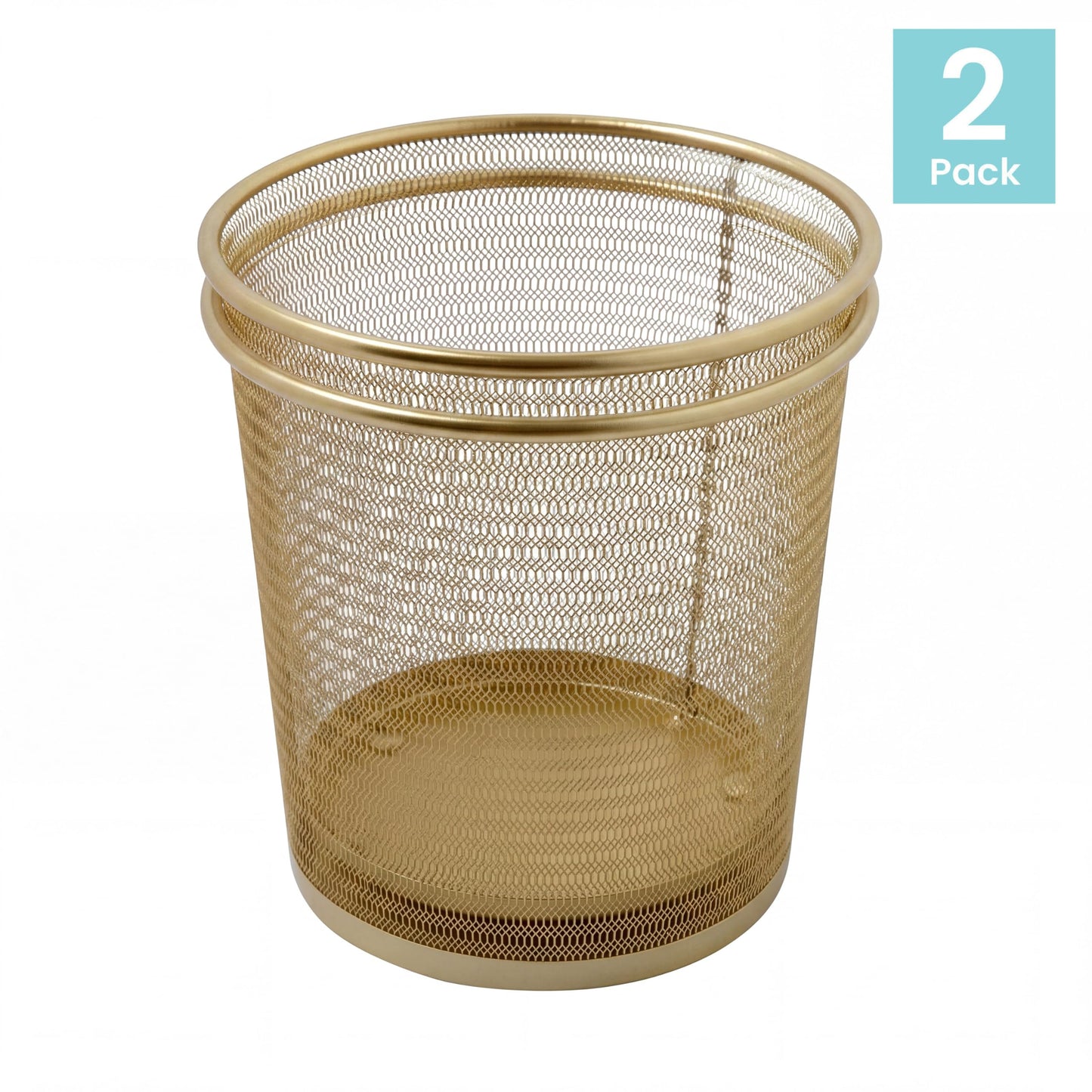 Martha Stewart Ryder Set of 2 Gold Mesh Metal Trash Cans, 4.5 Gallon Wastebaskets for Office