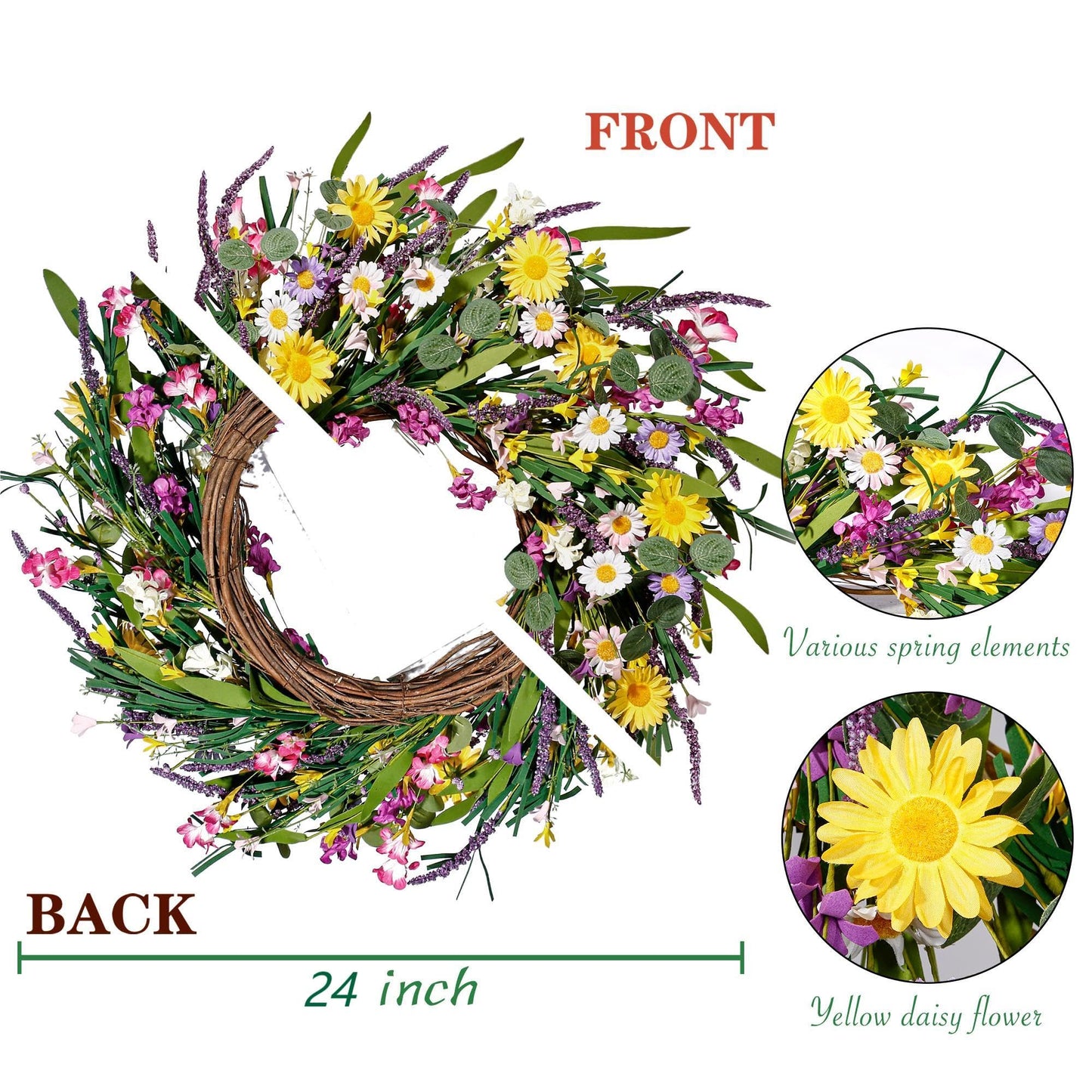 Sggvecsy Daisy and Lavender Wreath 24’’ Wildflower Wreath Spring and Summer Artificial Spring Silk Summer for Front Door Home Wall Wedding Festival Farmhouse Holiday Decor