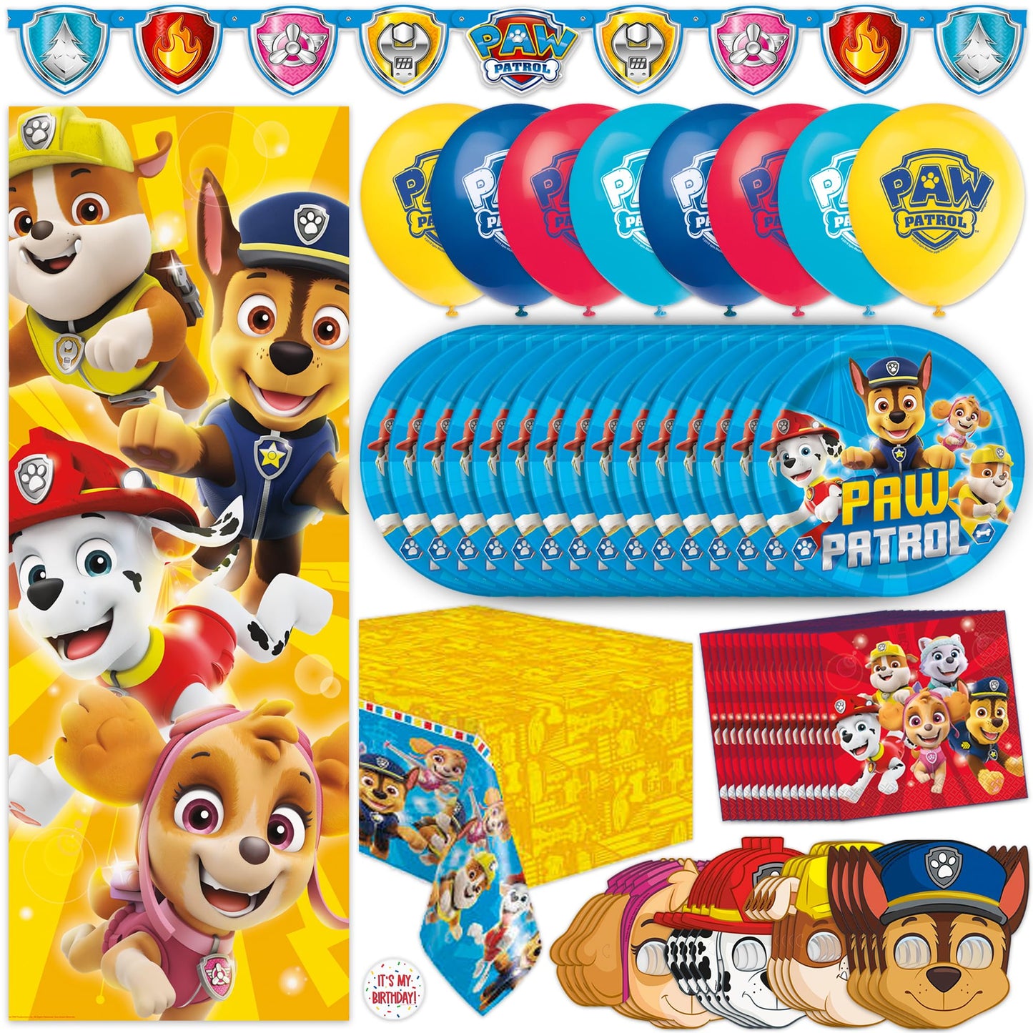 Paw Patrol Birthday Decorations | Serves 16 | Door Poster, Banner, Balloons, Tablecloth, Plates and Napkins, Character Masks, Sticker | Paw Patrol Party Decorations
