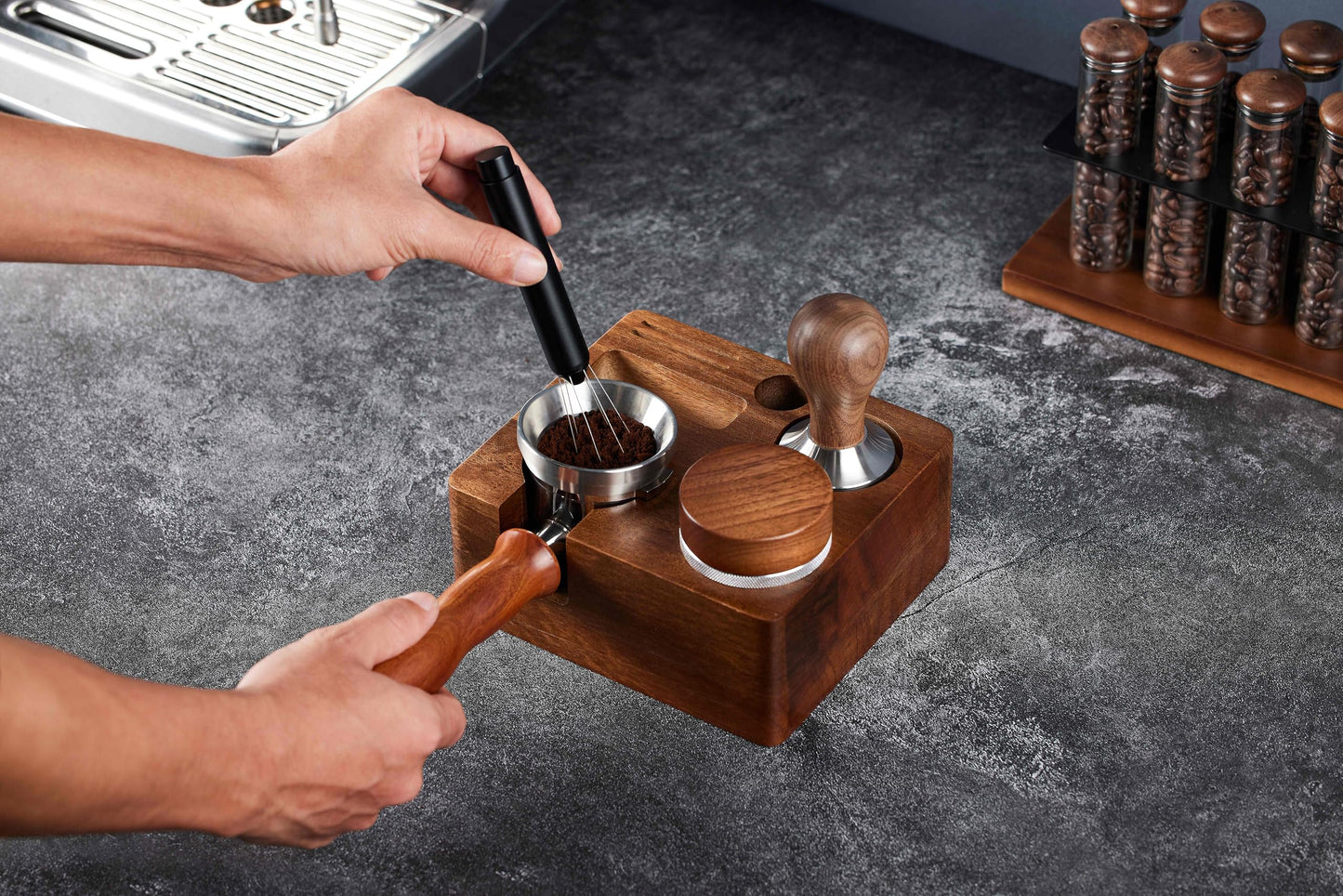 Teyearlife 54mm distributor called Adjustable Depth espresso leveler Compatible with Breville Machine Accessories The coffee leveler Made of Stainless Steel and Walnut wood