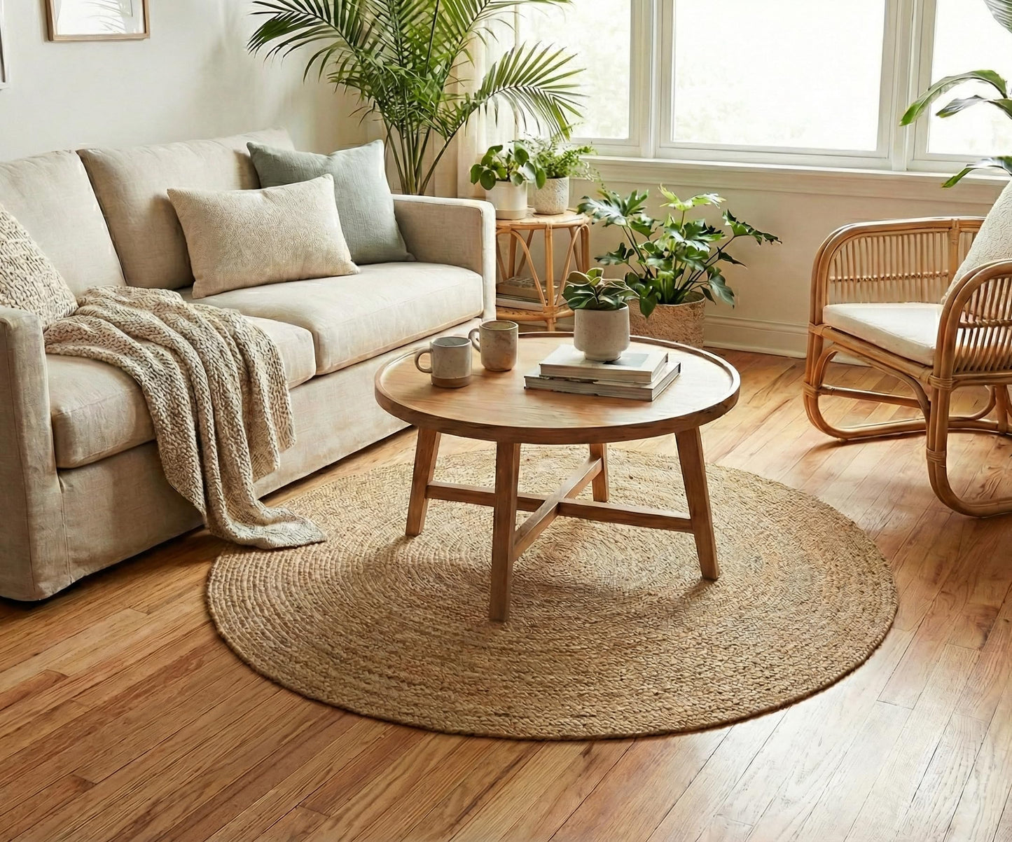 Hausattire Hand Woven Jute Braided Rug, 4’ Round – Natural, Reversible Boho Entry Area Rugs for Kitchen, Living Room I Farmhouse Decorative Floor Rug, 4 Feet Round