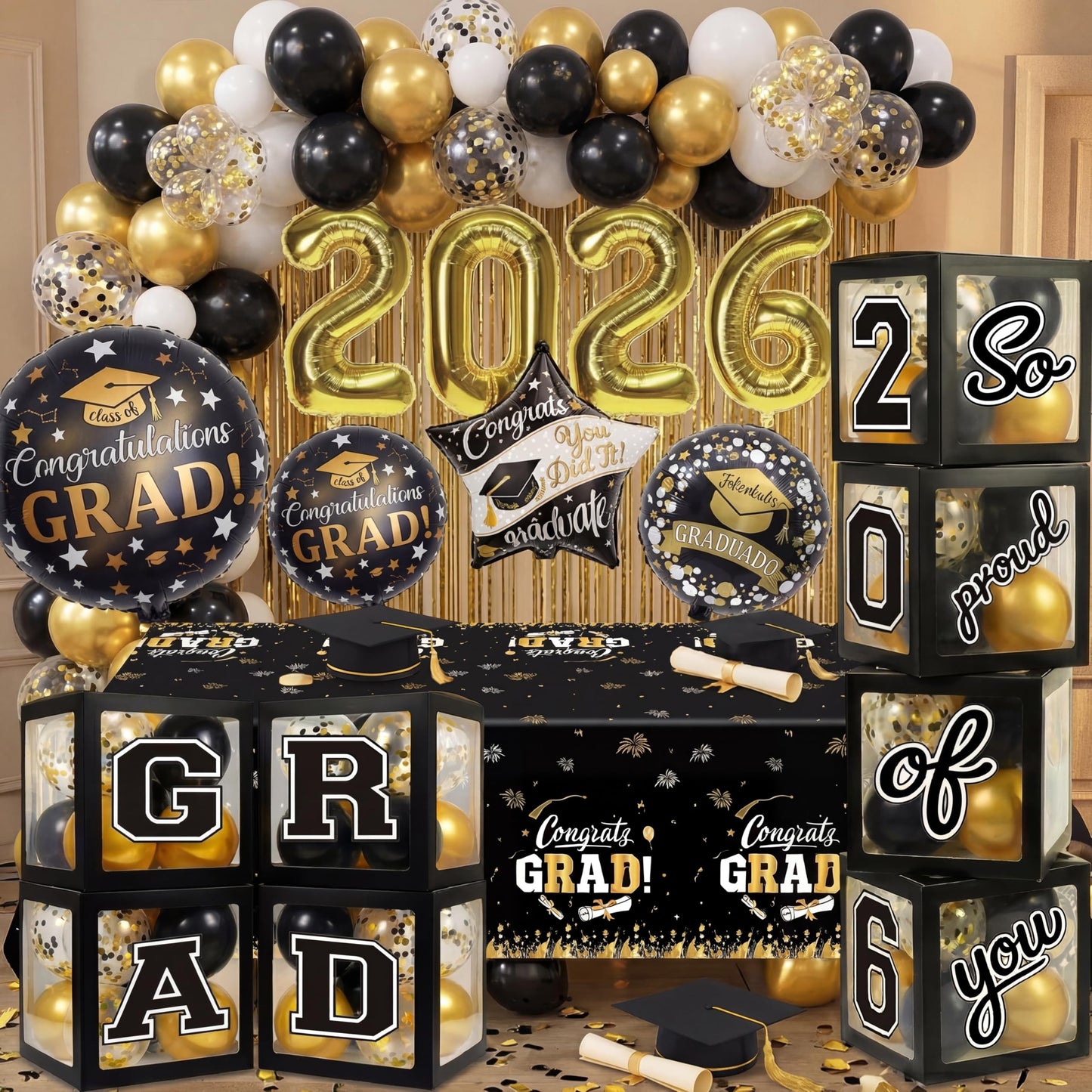 Black and Gold Graduation Decorations Class of 2026 - Graduation Balloon Boxes, Balloon Arch Garland Kit, Fringe Curtains, Party Decorations 2026 for Any Grades