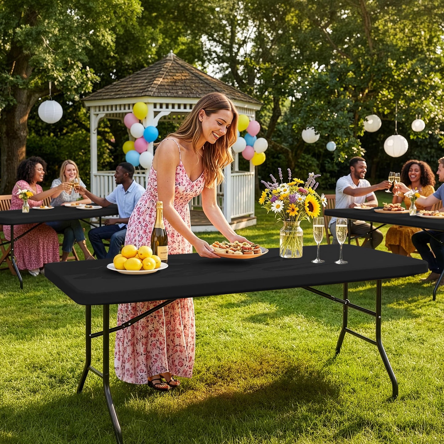 Enjoyidea Fitted Tablecloth for 8 Foot Rectangle Tables-6 Pack Black Elastic Outdoor Picnic Table Cover-Spandex Stretch Folding Table Cloths 8ft for Camping Dining Room Patio Kitchen Banquet Party