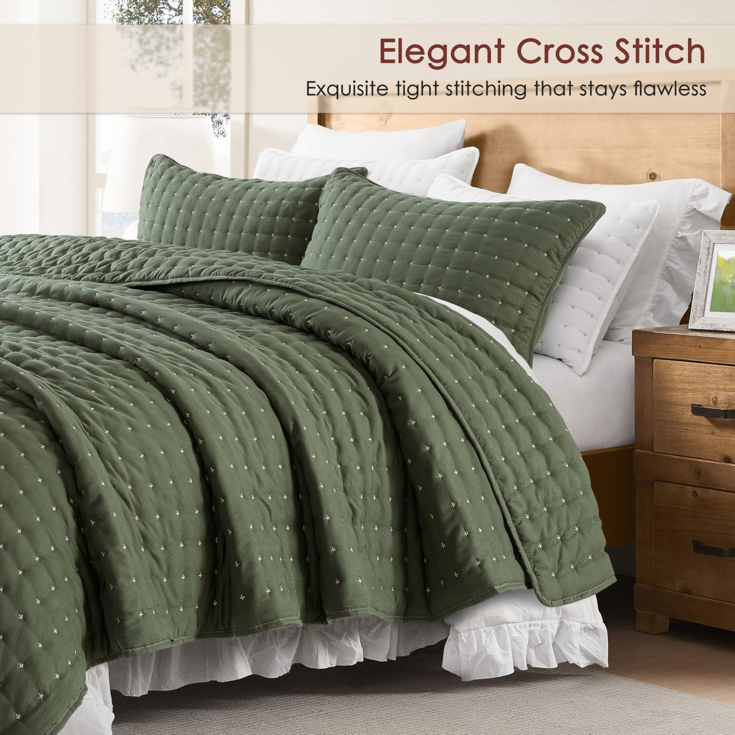 WDCOZY King Size Quilt Bedding Sets with 2 Pillow Shams, Lightweight Soft Bedspread Coverlet, Quilted Blanket Thin Comforter Bed Cover for All Season, 3 Pieces, 104x90 inches, Moss Green