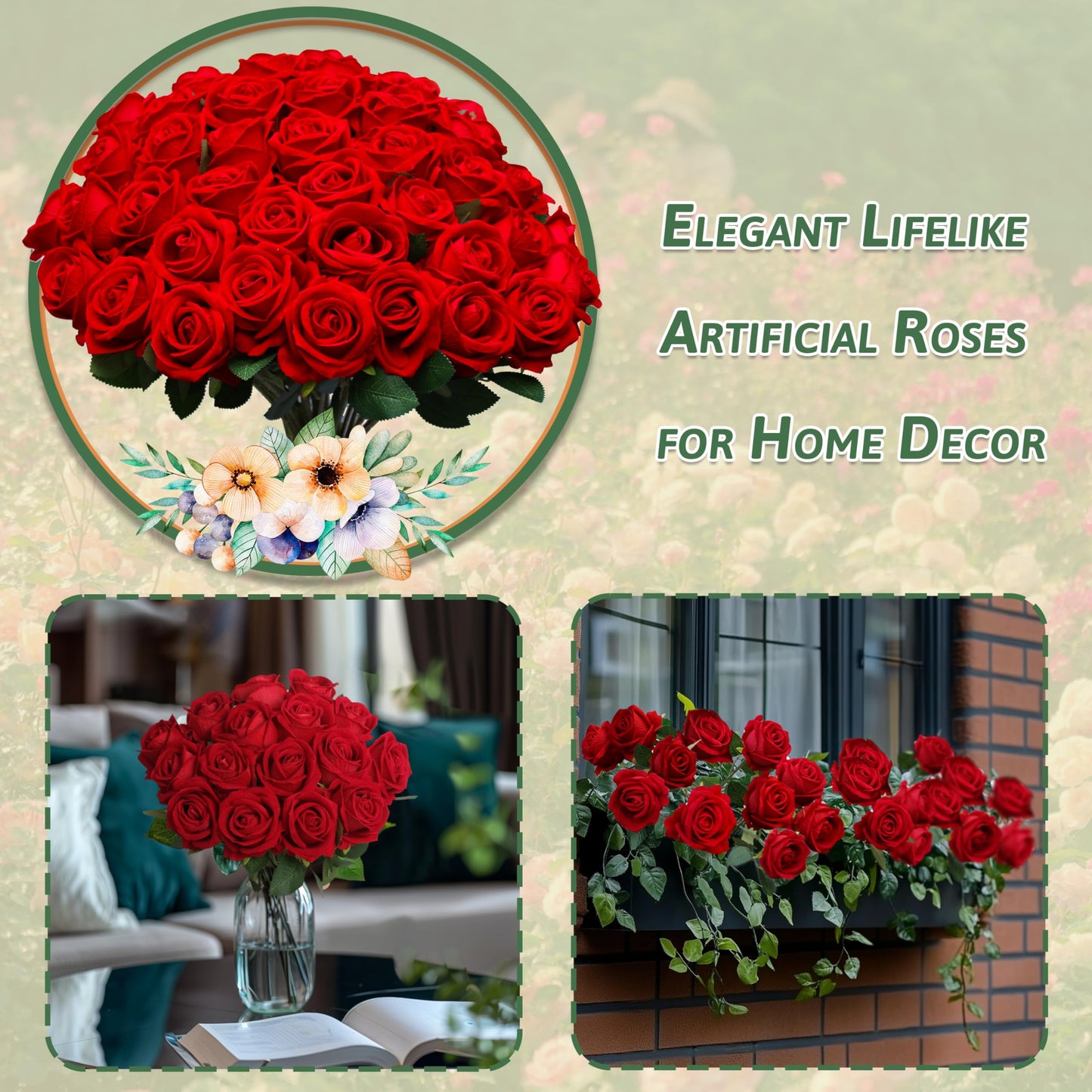 Jefuzh 50 PCS Fake Red Roses, Artificial Red Flowers Bulk Realistic Silk Faux Rose with Stems for Wedding Decoration Anniversary Bridal Bouquet DIY Floral Arrangement Romantic Home Decor Gifts