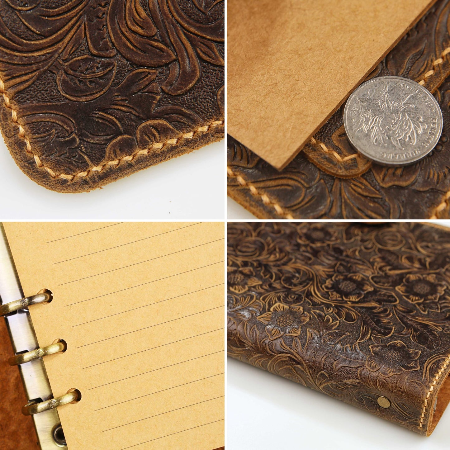 Vintage Floral Embossed Leather A5 Journal Binder, Writing Notebook with Pen Holder - Customizable Gift for Her W10-LAXBS-1