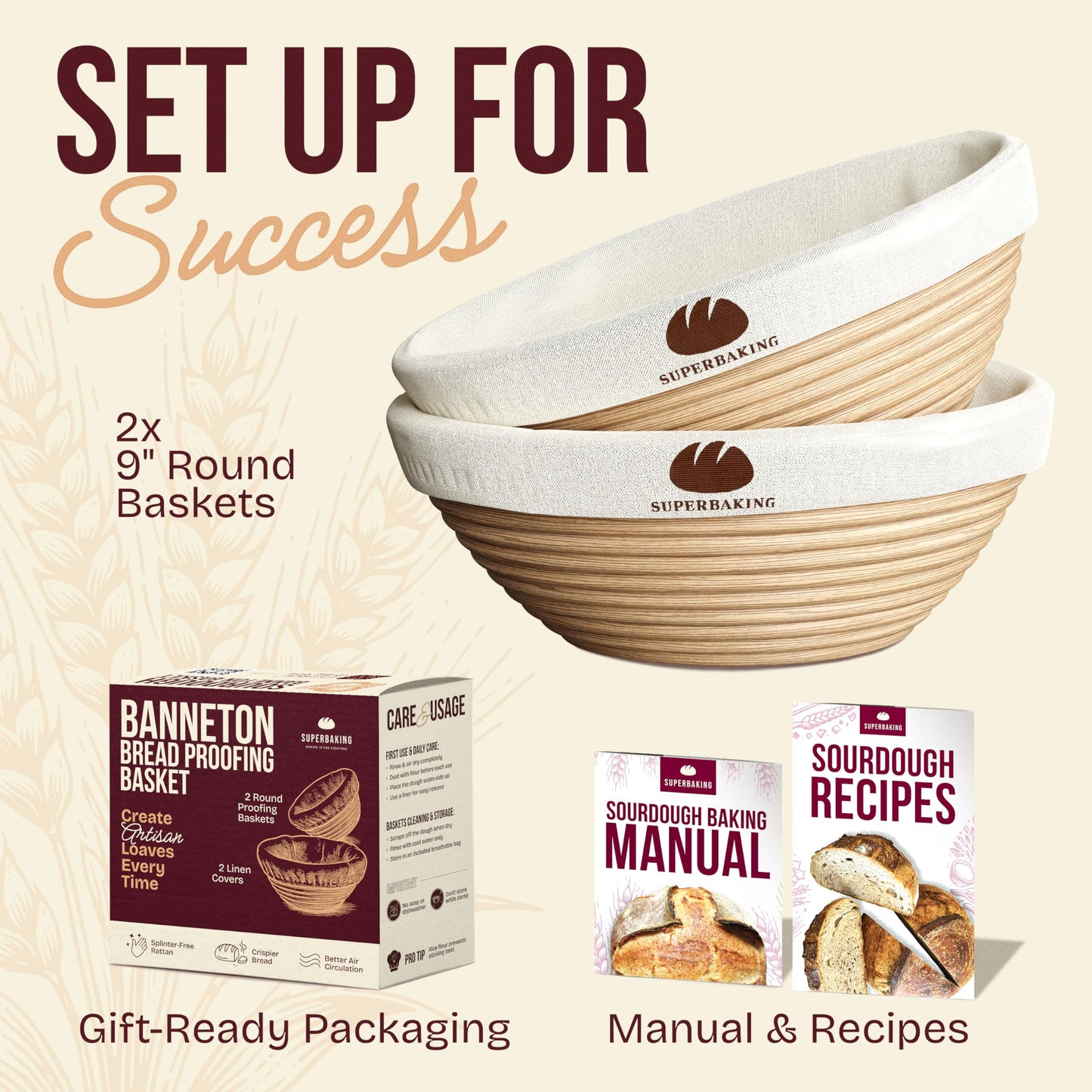 Superbaking 2 pcs Banneton Bread Proofing Basket, 9" Splinter-Free Round Rattan Bread Basket with Liners, Sourdough Starter Kit, Sourdough Bread Baking Supplies & Sourdough Kit, Bread Making Tools