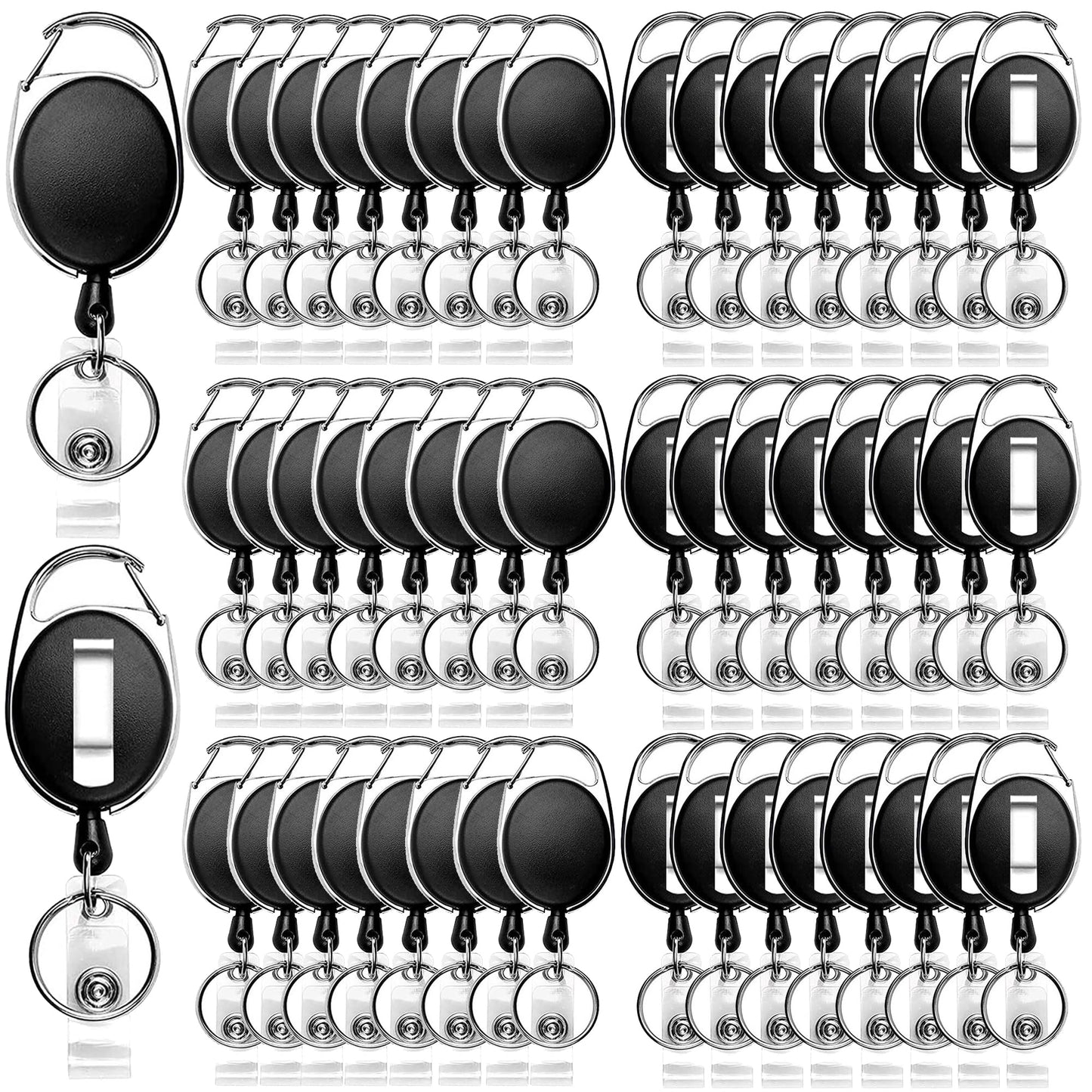 SOVYOULIVE 50 Pack Heavy-Duty Retractable Badge Holders with Carabiner Clip and Key Ring, Black ID Badge Reel for Office, ID Card Holder and Key Chain