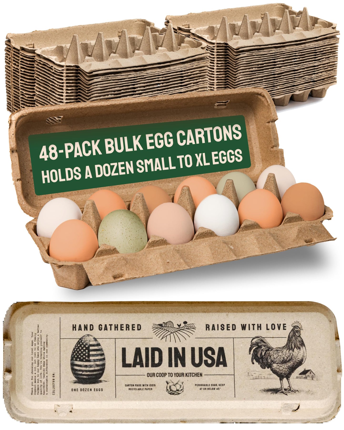 PTCOM Hatortempt Bulk Egg Cartons - 48-Pack, 12-Count - Reusable Empty Crates - Cardboard Paper Pulp Protection and Ventilation - Fits Dozen Small to XL Chicken and Duck Eggs