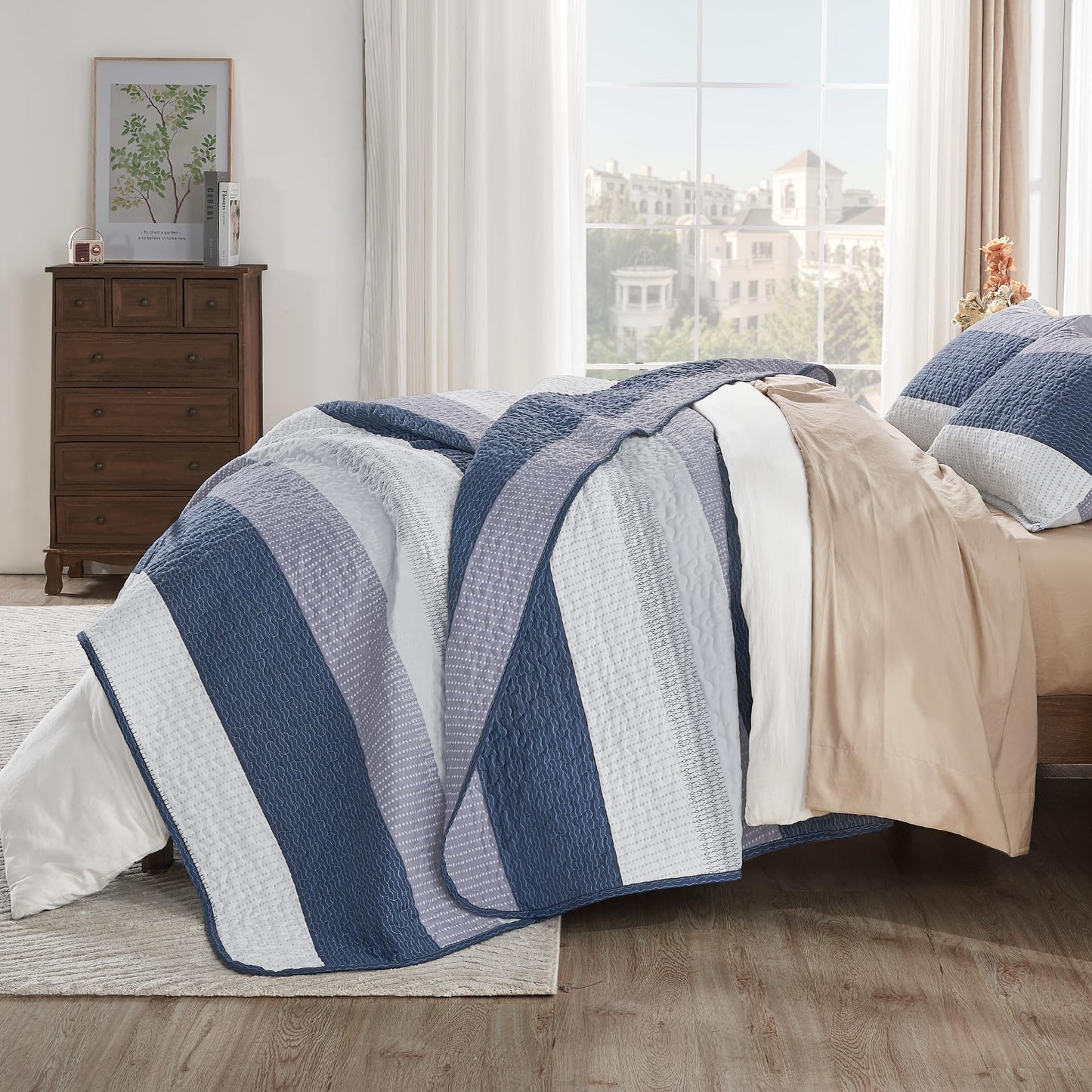 Andency Queen Quilt Bedding Set Mineral Blue, 3 Pieces Patchwork Summer Striped Ultra Soft Lightweight Bedspreads, Coverlets Set with 2 Pillow Shams for All Seasons (90"x96")