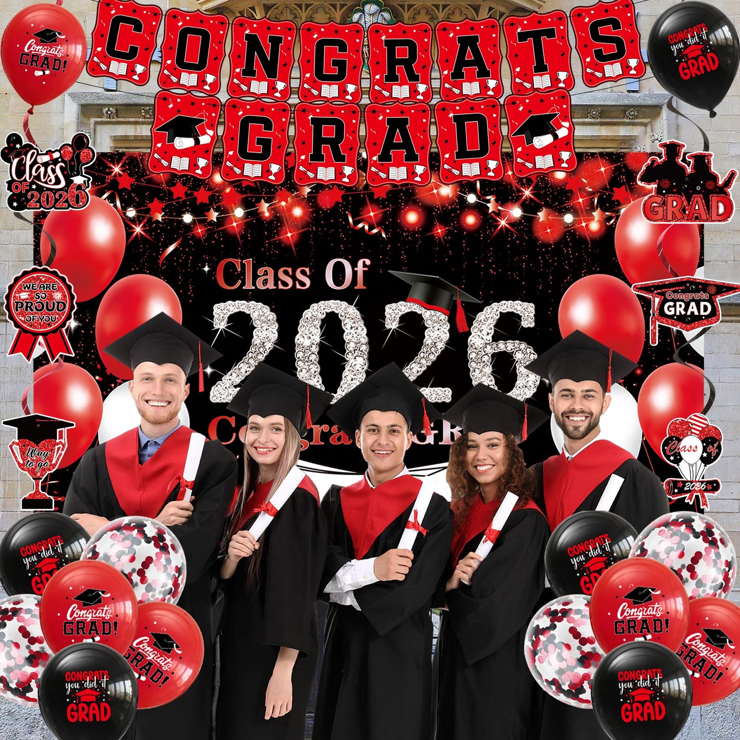 DARUNAXY Black Red Graduation Party Decorations, Red Class of 2026 Graduation Banner, 2026 Congrats Grad Honeycomb Hanging Swirl Confetti Balloon Congratulations Graduates Party Supplies(25PC)