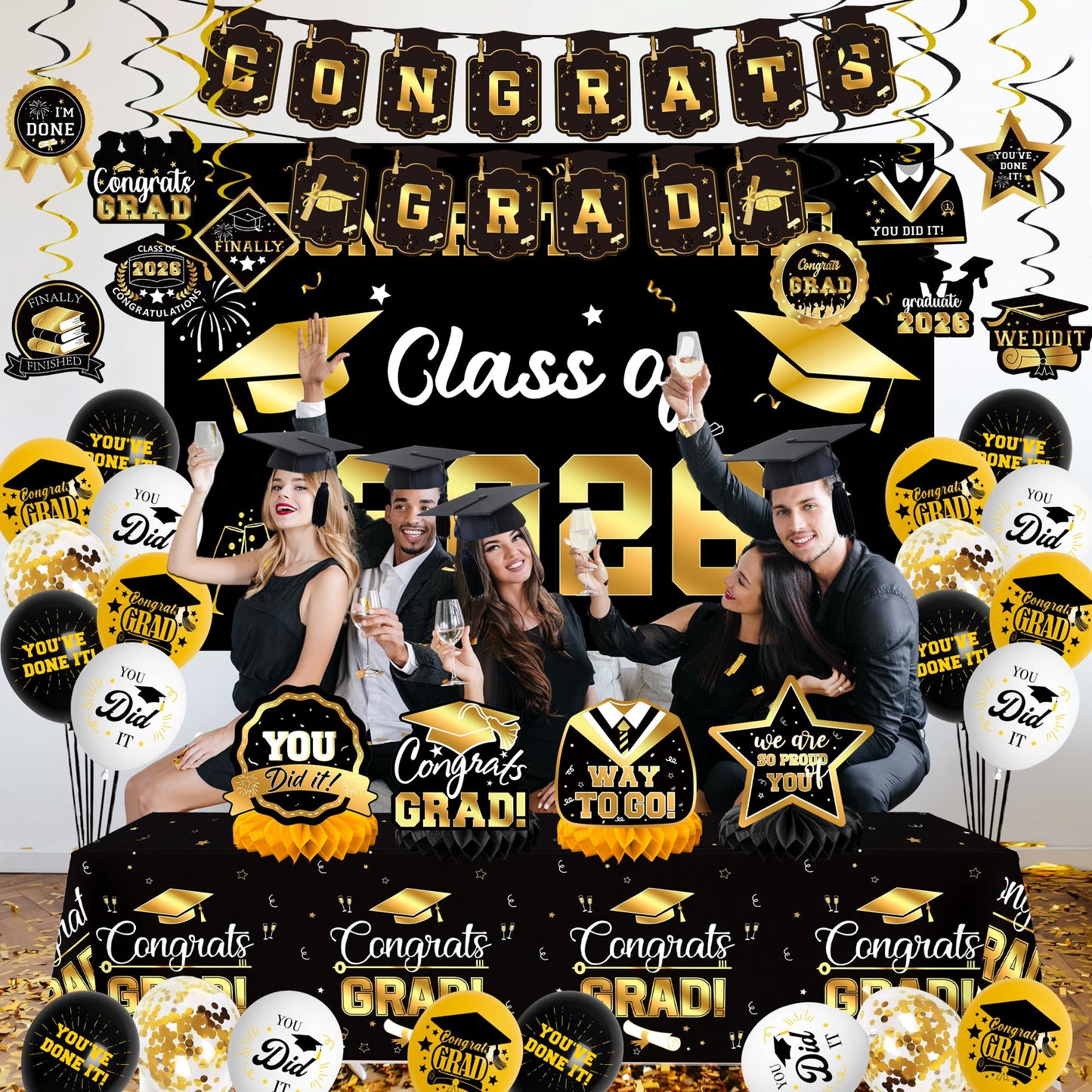 DMIGHT Graduation Decorations 2026, Class of 2026 Backdrop, Banner, 2026 Foil Balloons, Tablecloth, Hanging Swirls, Honeycomb Centerpieces, Party Supplies Decorations Set for College (Black ang GOLD)