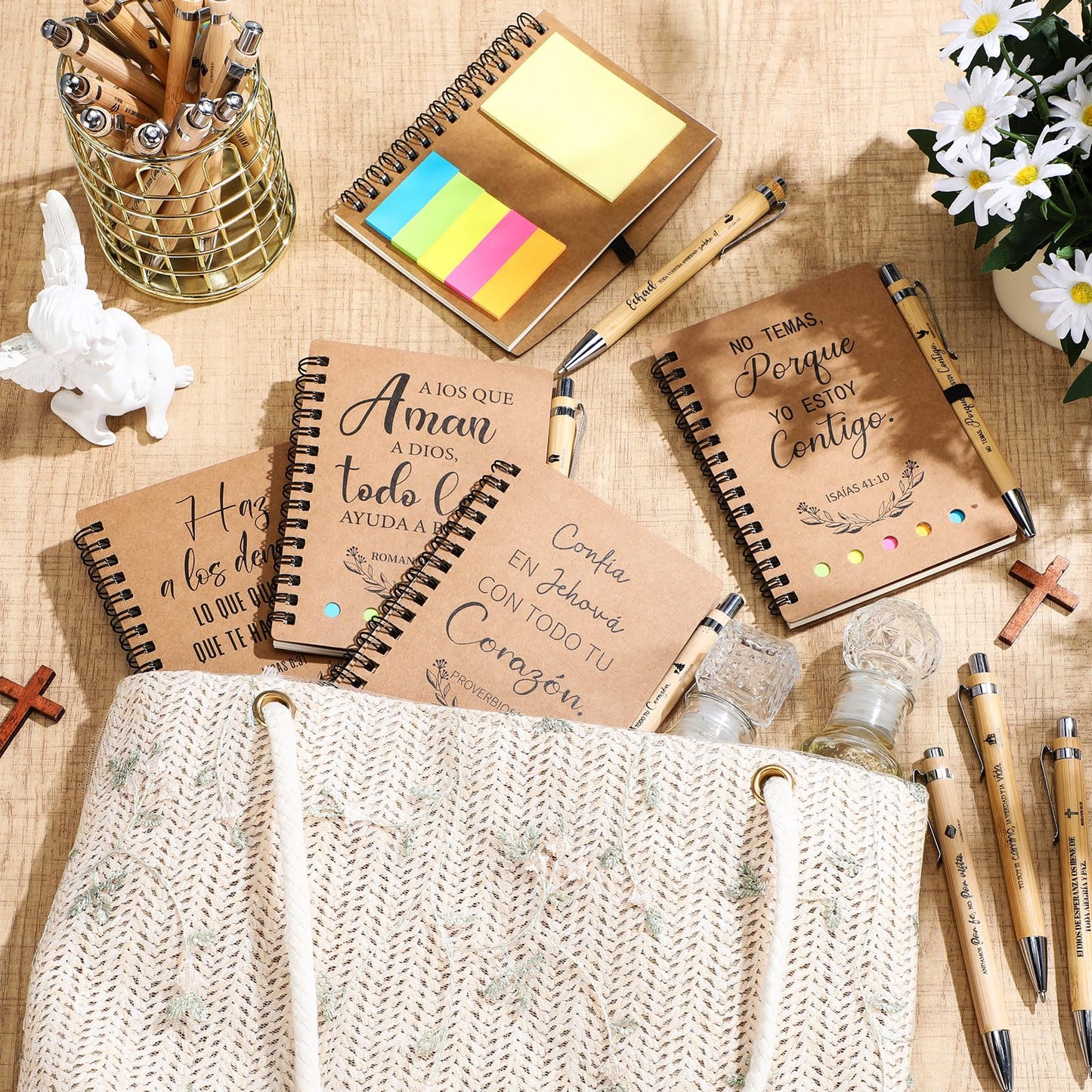 Resurhang 30 Set Spanish Christian Gifts Bulk for Father Religious Notebooks with Bible Verse Pen, Inspirational Spiral Prayer Journal Notepad Church Gifts for Women Men Sunday School (Brown)