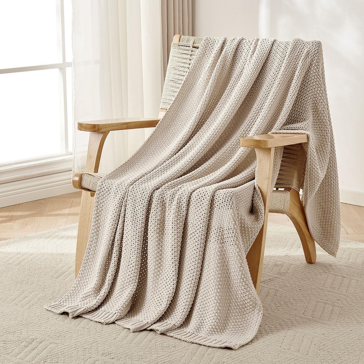 Joydeco Chunky Cable Knit Throw Blanket, Lightweight 100% Organic Cotton Soft Cozy Throw Twin Blanket for Couch Bed and Sofa, Rustic Breathable Farmhouse Blanket Gift for Women Men(Beige, 60"x80")