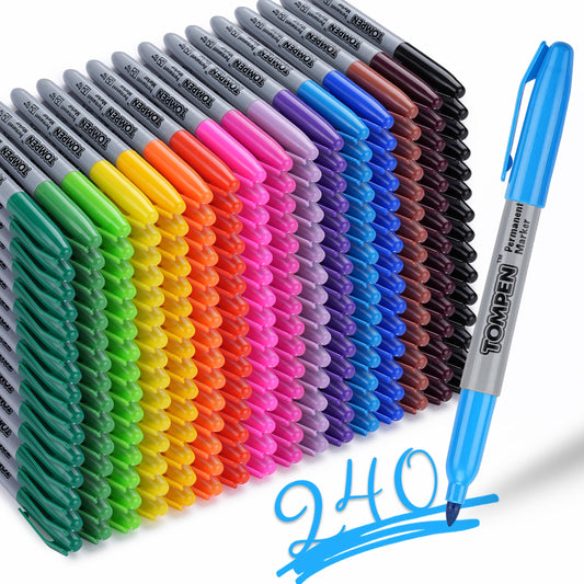 TOMPEN Permanent Markers Fine Tip 240 Pack Bulk,16 Assorted Colors,Waterproof Permanent Marker with Quick Drying on Wood,Plastic,Paper,Metal,Mirror for Gifts Office School Classroom