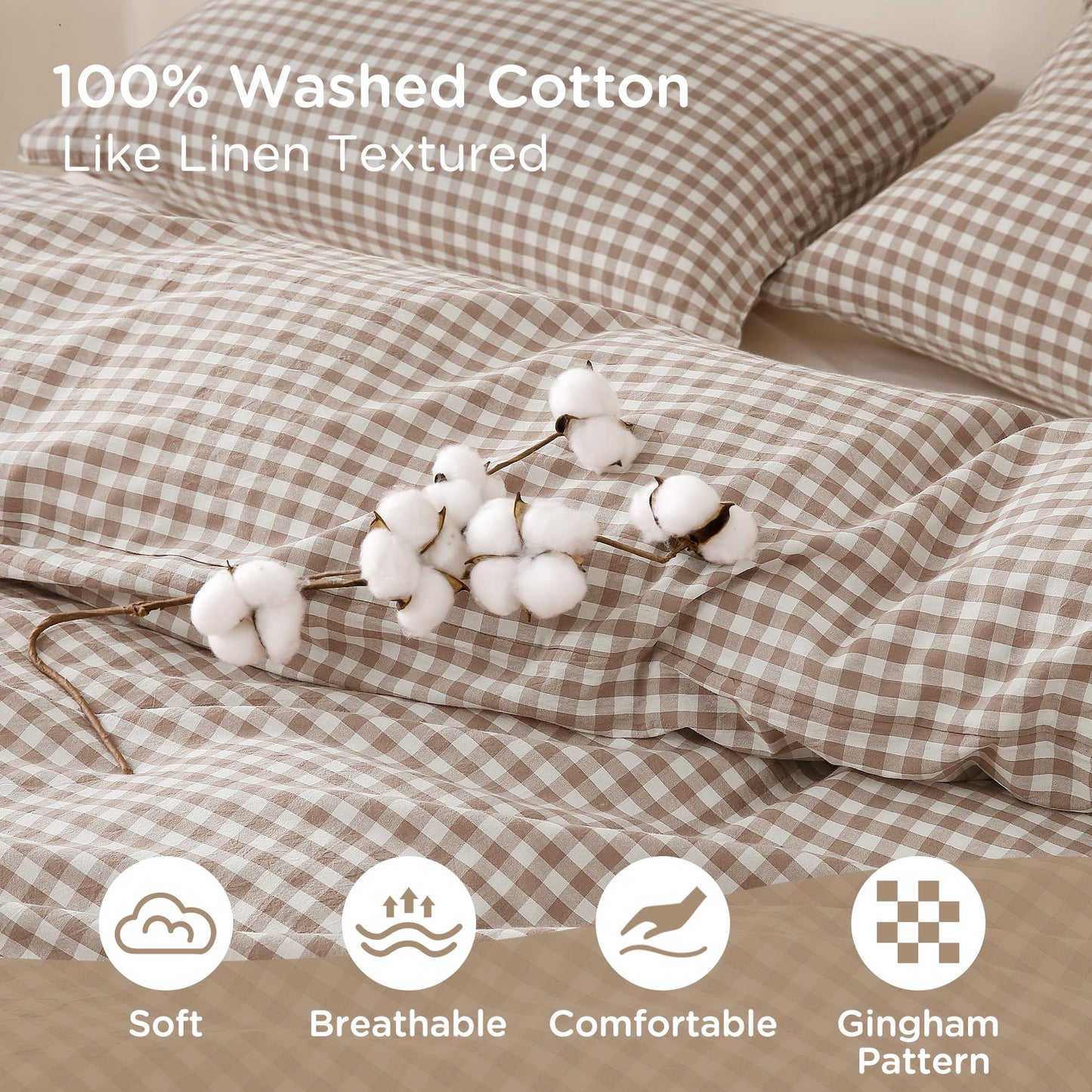 TOCOMOA Tan Gingham Duvet Cover Bedding Set 100% Washed Cotton Like Linen Feel Super Soft Comfy 3 Piece Brown Vintage Plaid Checkered Fall Comforter Cover Set (Queen 90"x90", Comforter Not Included)