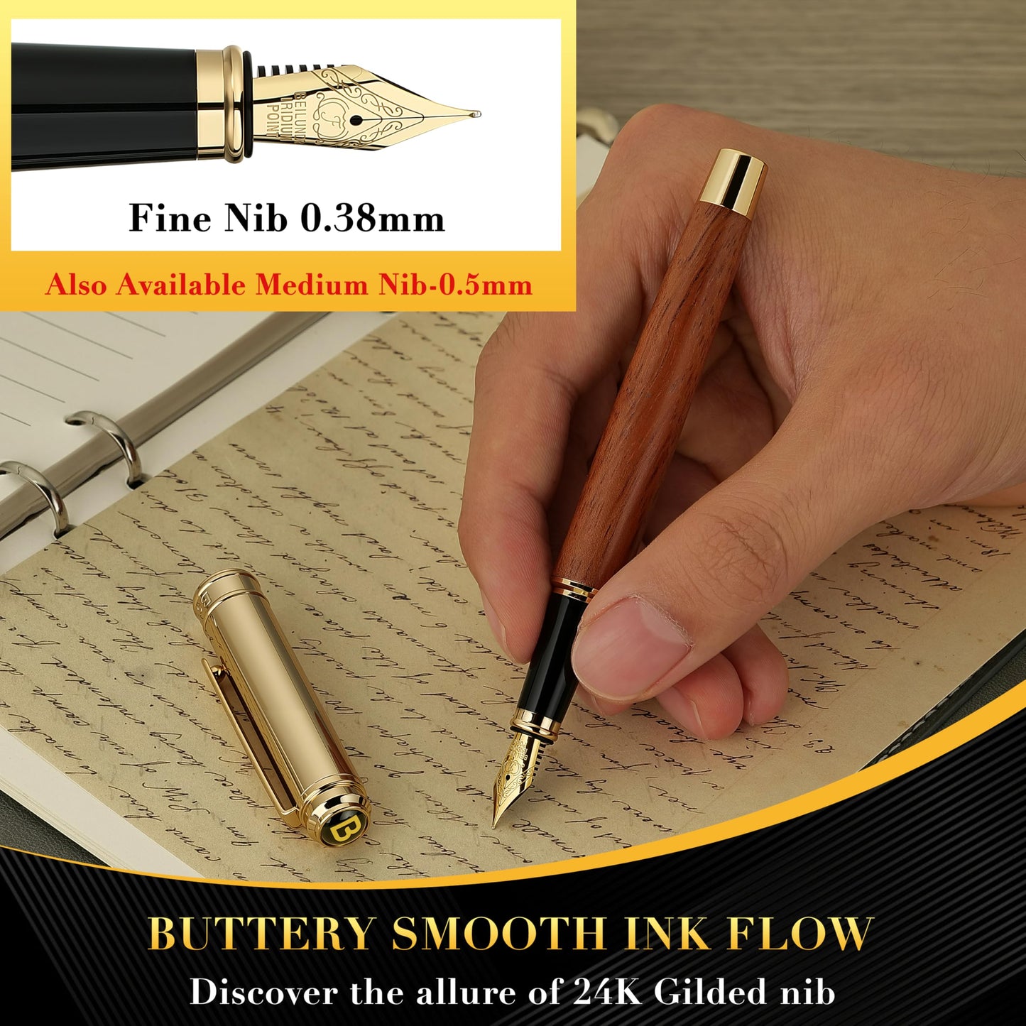 BEILUNER 316 Fountain Pen,Stunning Luxury Rosewood,24K Gilded Nib(Fine),Gorgeous 24K Gold Finish, Ink Converter,Nice Gift for Men&Women-Elegant,Executive,Christmas Pens for Writing