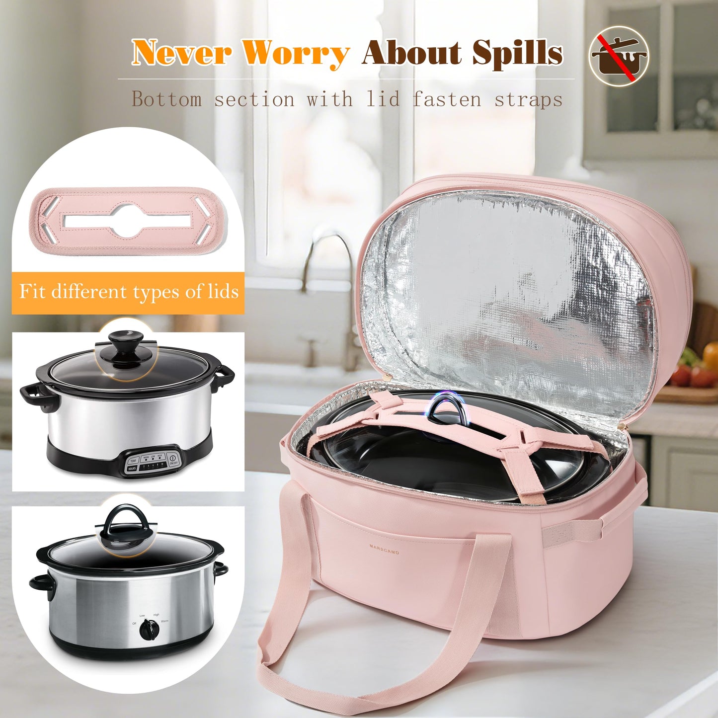 Marscamd Double Layers Slow Cooker Carrying Bag Compatible with 6-8 Quart Crockpot and Hamilton Beach, Slow Cooker Insulated Carrier with Utensils Storage Section, Pink