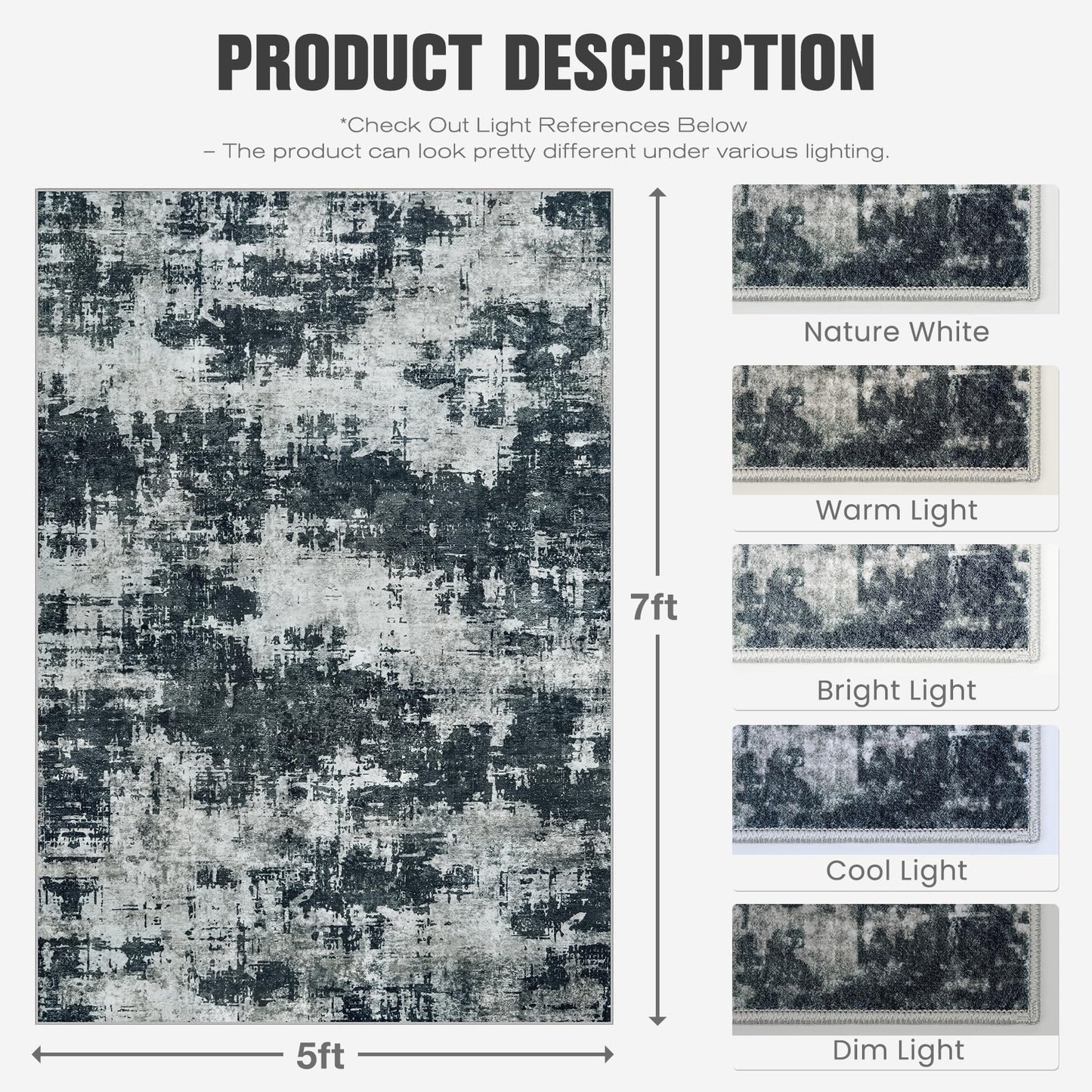 5x7 Area Rugs for Living Room Washable: Abstract Soft Thin Low Pile Black Rug, Indoor Floor Non Slip Stain Resistant Modern Carpet for Bedroom Nursery Farmhouse Dining Room Home Office (Black, 5'x7')
