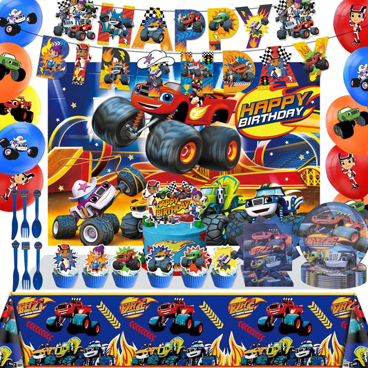 121 Pcs Monster Truck Birthday Party Supplies,Included Banner,Backdrop,Tablecloth,Plates,Balloon,Racing Car Tableware Set for Boy Truck Party Decorations