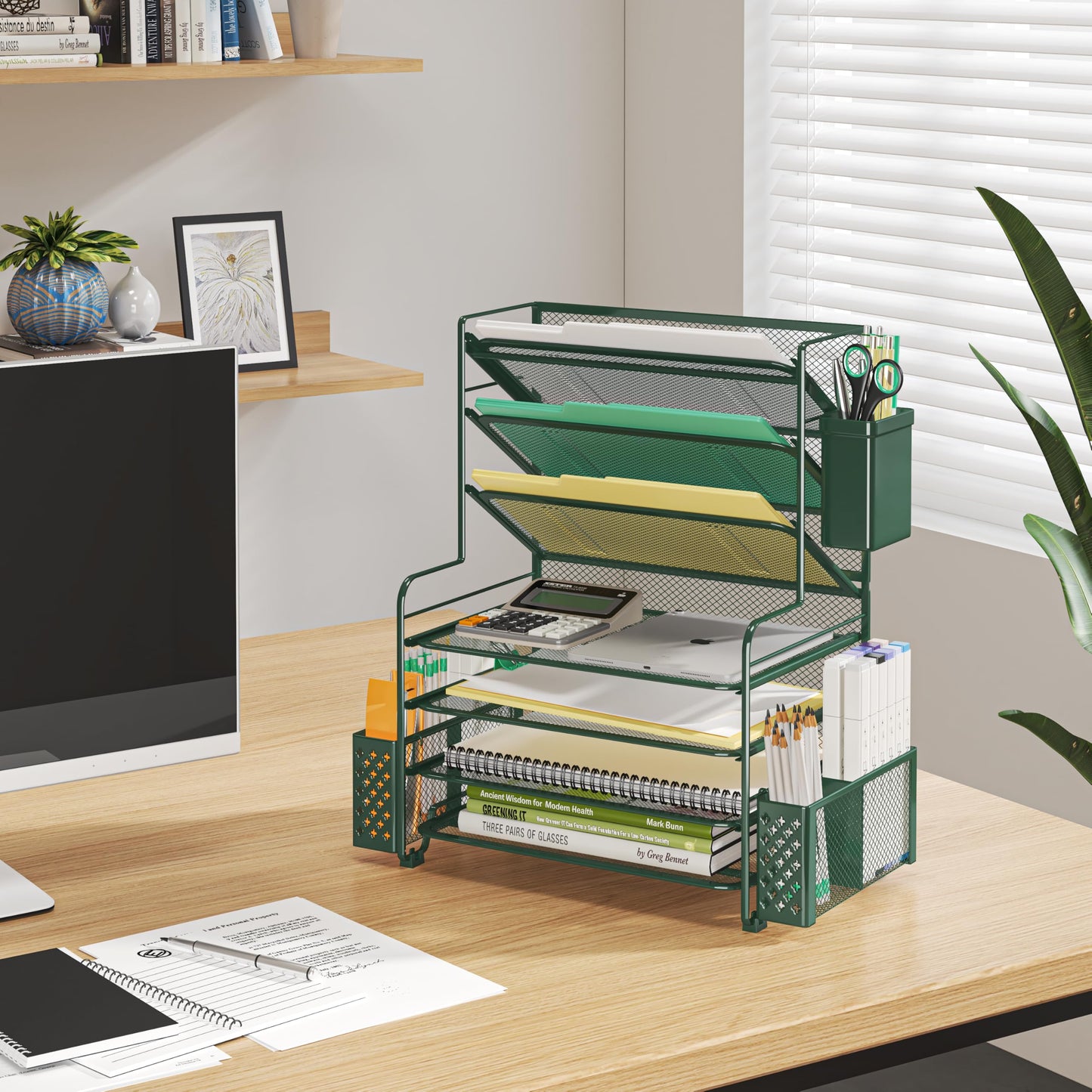 Simple Trending 7 Tier Desk File Organizer, Letter Tray Paper Organizer with Pen Holder and Metal Hanging Basket, Green