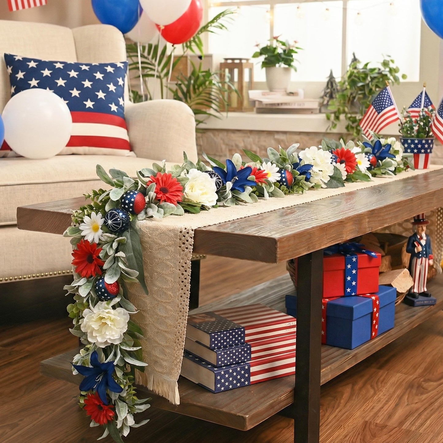 Valery Madelyn 6FT 4th of July Garland with Lights for Mantle, Red White Blue Patriotic Floral Garland Memorial Day Decorations with Ball Ornaments for USA 250th Anniversary Summer